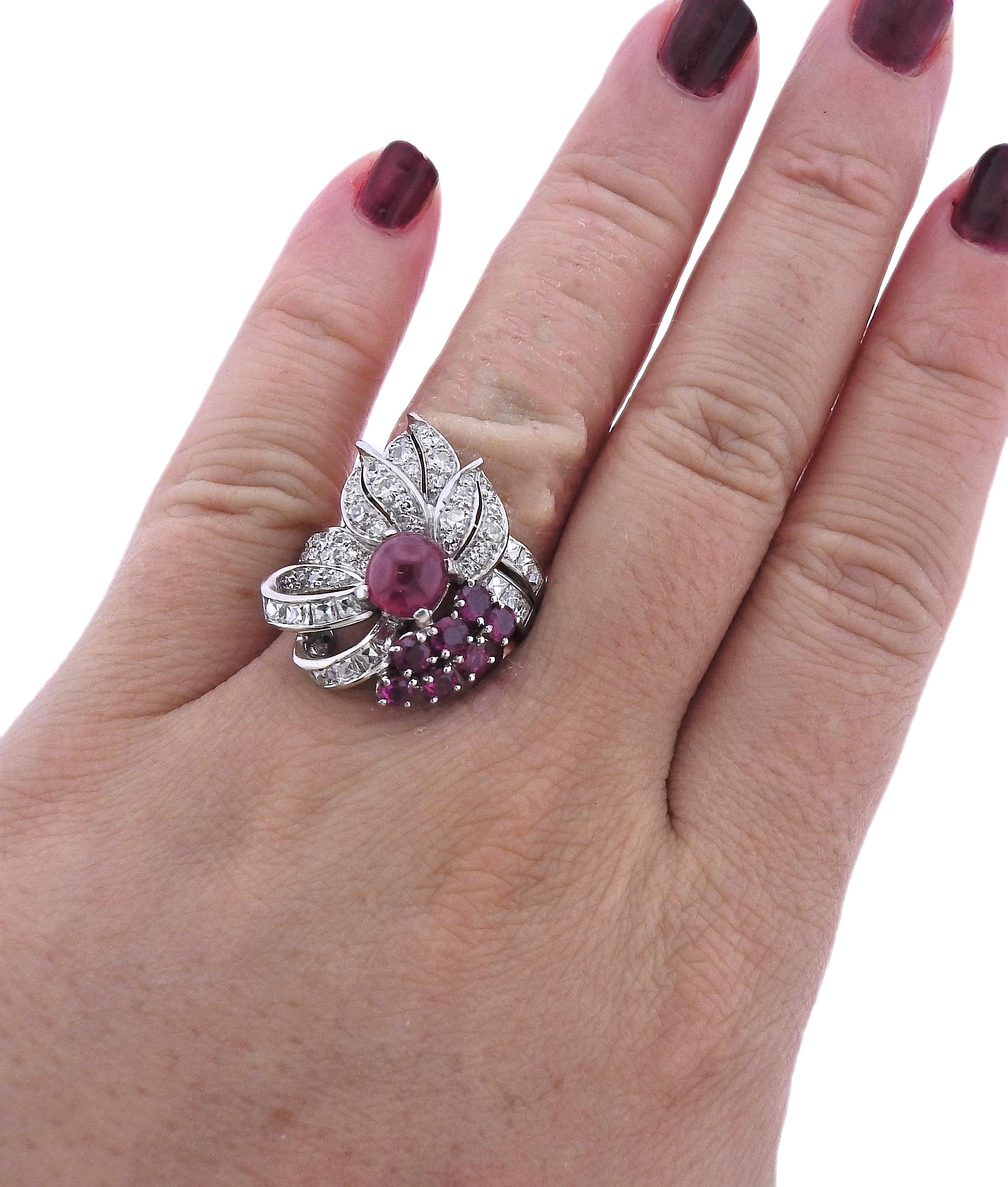 Mid Century Platinum Diamond Ruby Cocktail Ring In Excellent Condition For Sale In New York, NY