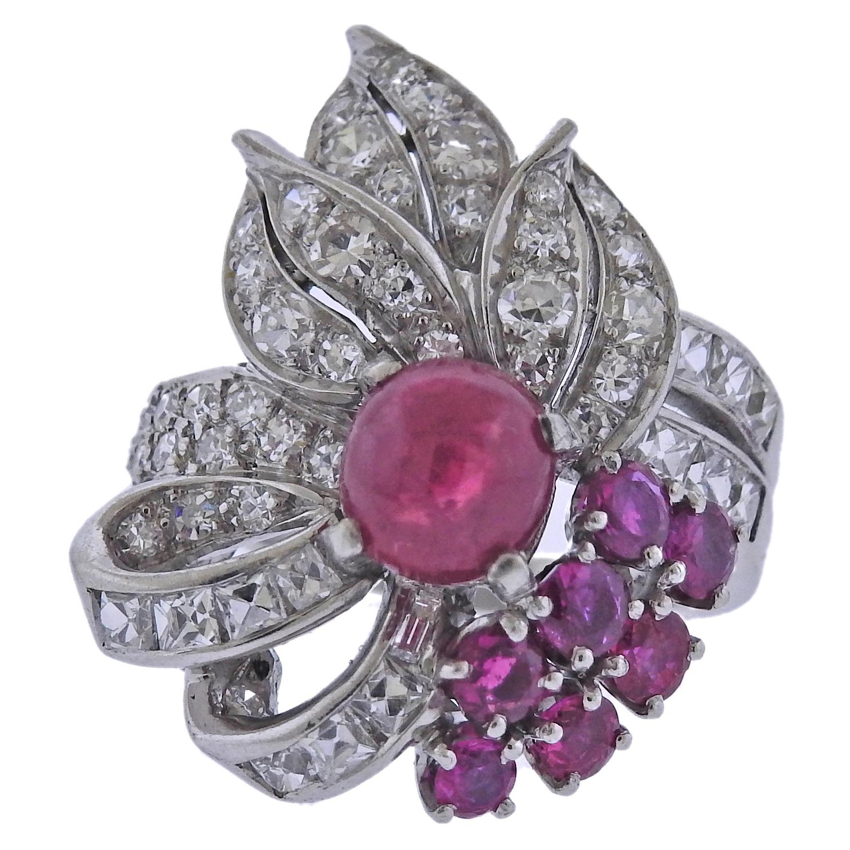 Mid Century Platinum Diamond Ruby Cocktail Ring For Sale