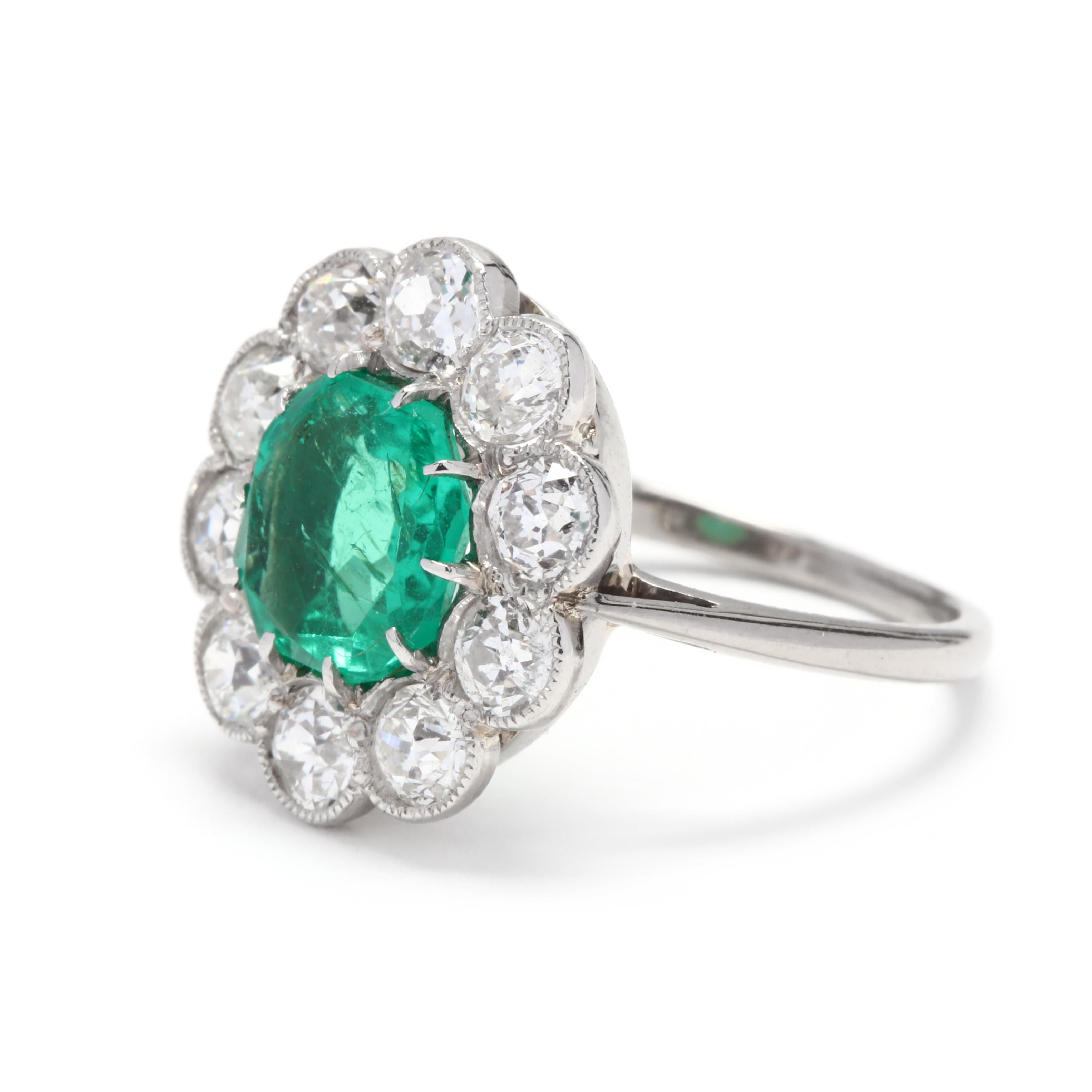 Old European Cut Midcentury Platinum, Emerald and Diamond Halo Ring