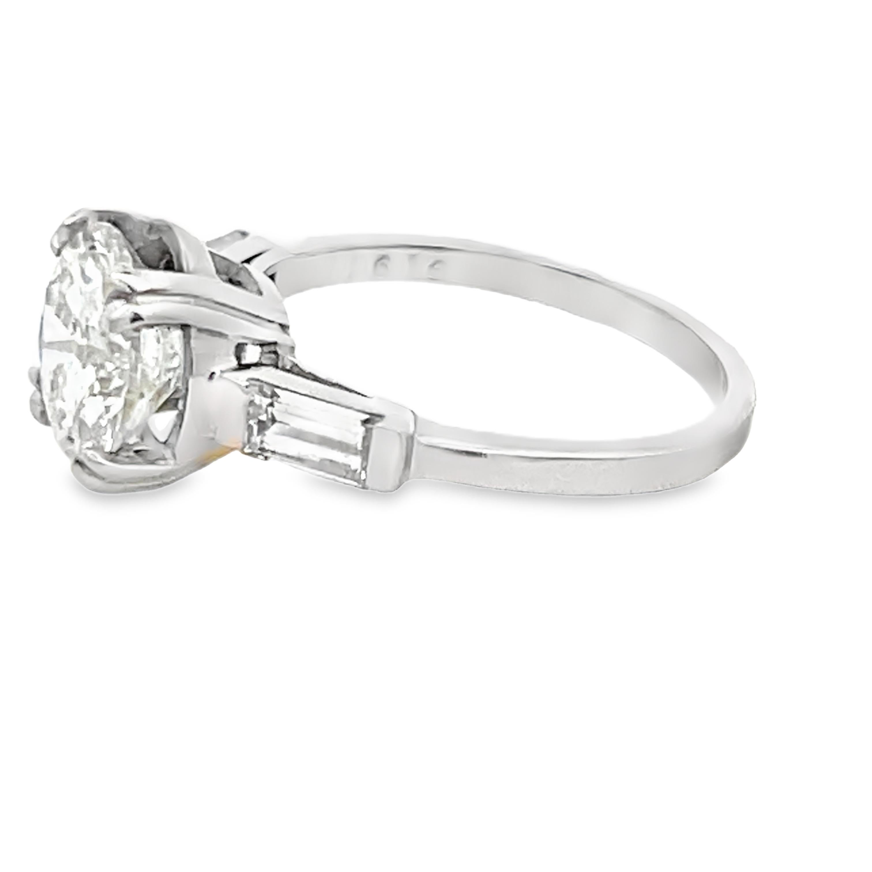 Mid-Century Platinum Engagement Ring with 2.50 Ct Diamond and Baguette Accents In Excellent Condition For Sale In Miami, FL
