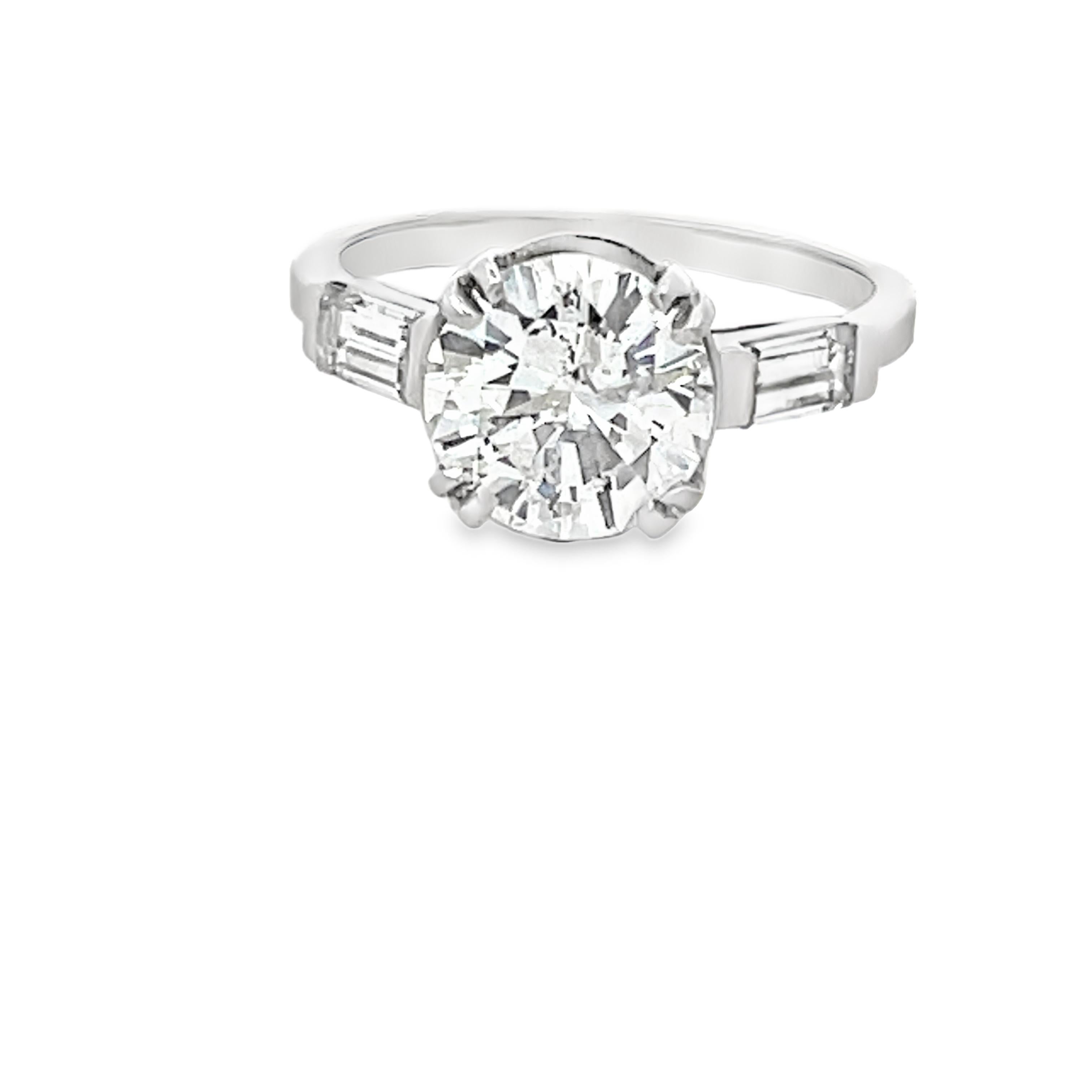 Women's Mid-Century Platinum Engagement Ring with 2.50 Ct Diamond and Baguette Accents For Sale