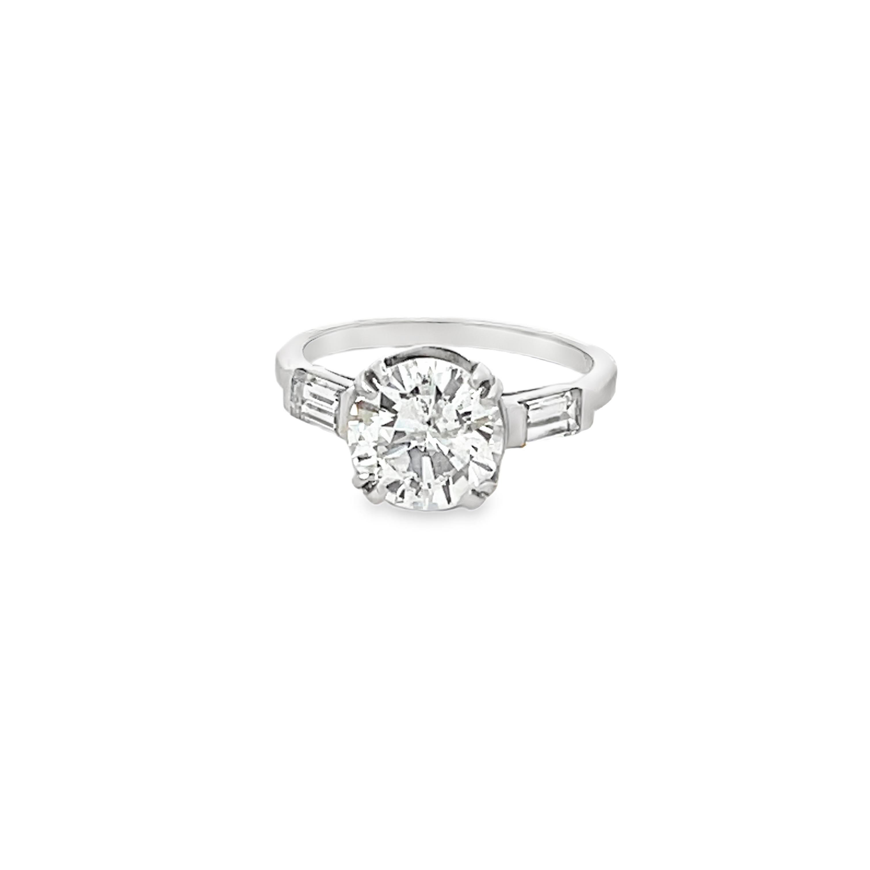 Mid-Century Platinum Engagement Ring with 2.50 Ct Diamond and Baguette Accents For Sale 1