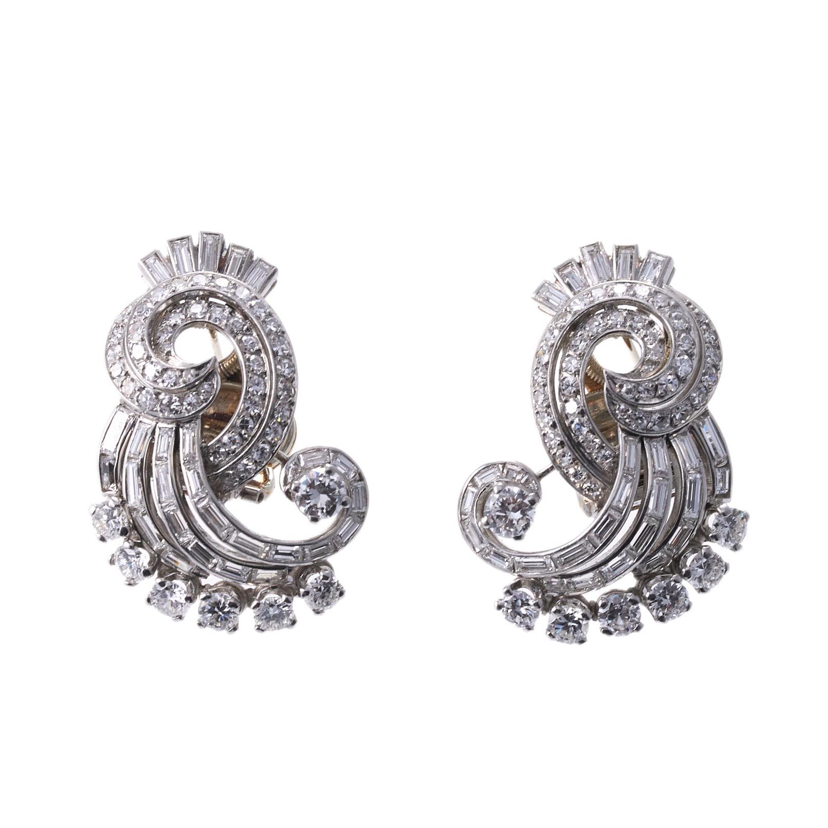 Mid Century Platin Gold 4,50ctw Diamant Ohrringe im Zustand „Hervorragend“ im Angebot in Lambertville, NJ