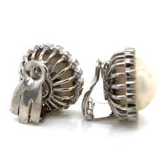 Mid Century Platinum Mabé Pearl Diamond Halo Clip-On Earrings, 1950s