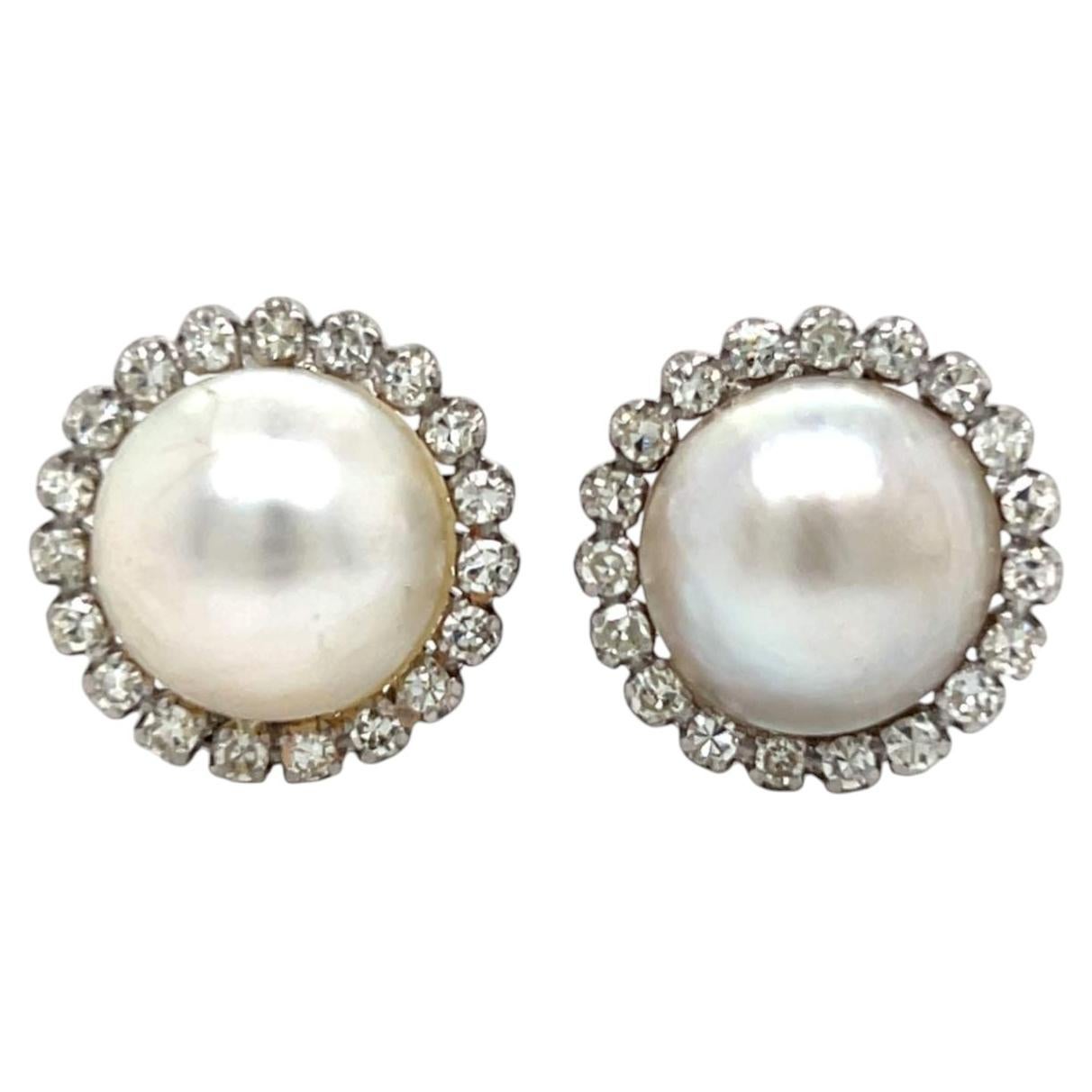 Mid Century Platinum Mabé Pearl Diamond Halo Clip-On Earrings, 1950s