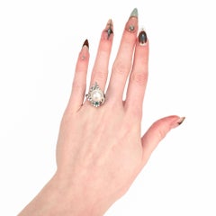 Mid-Century Platinum, Pearl, Emerald, & Diamond Cocktail Ring