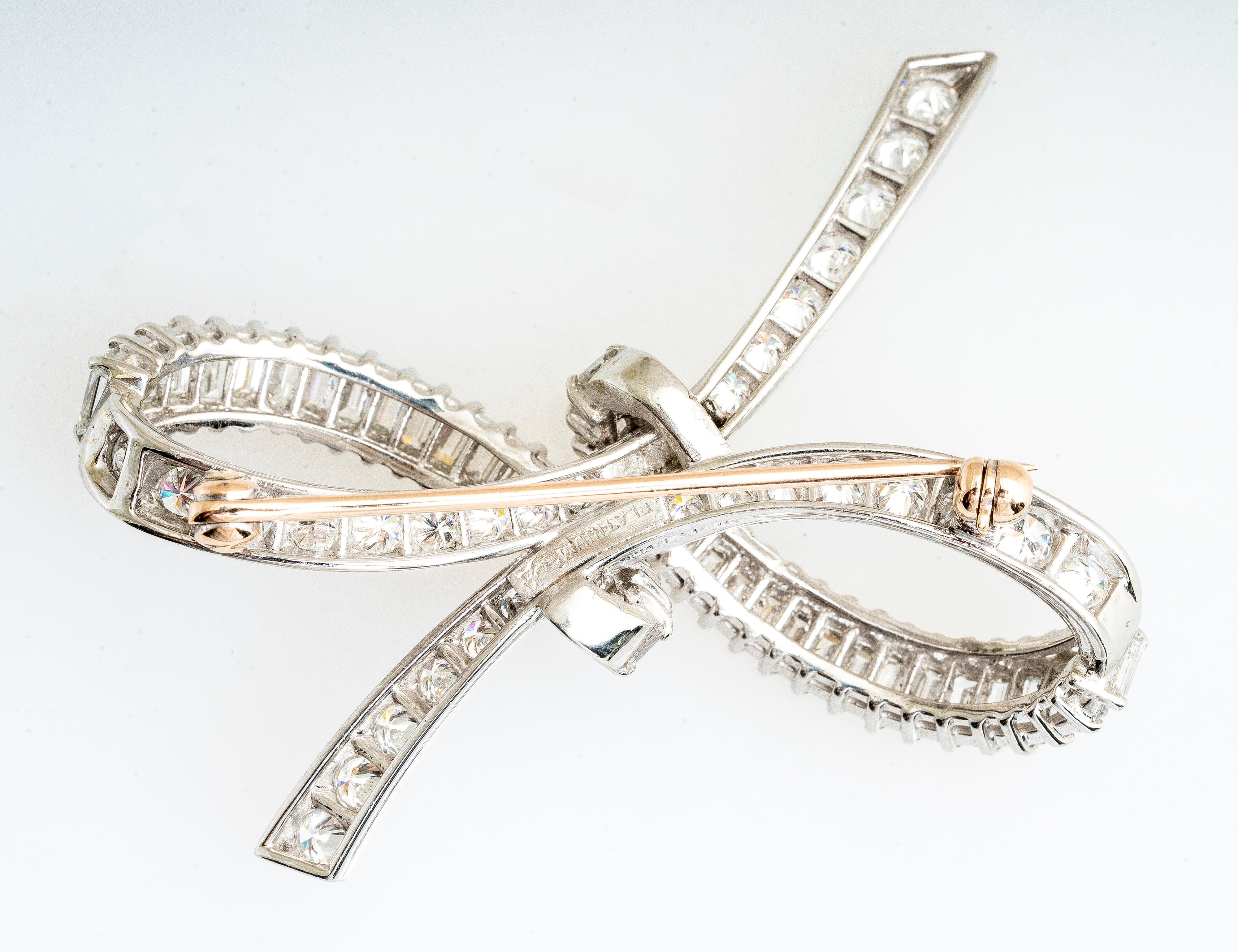 Midcentury Platinum RBC & Baguette Diamond Bow Brooch In Good Condition In San Diego, CA