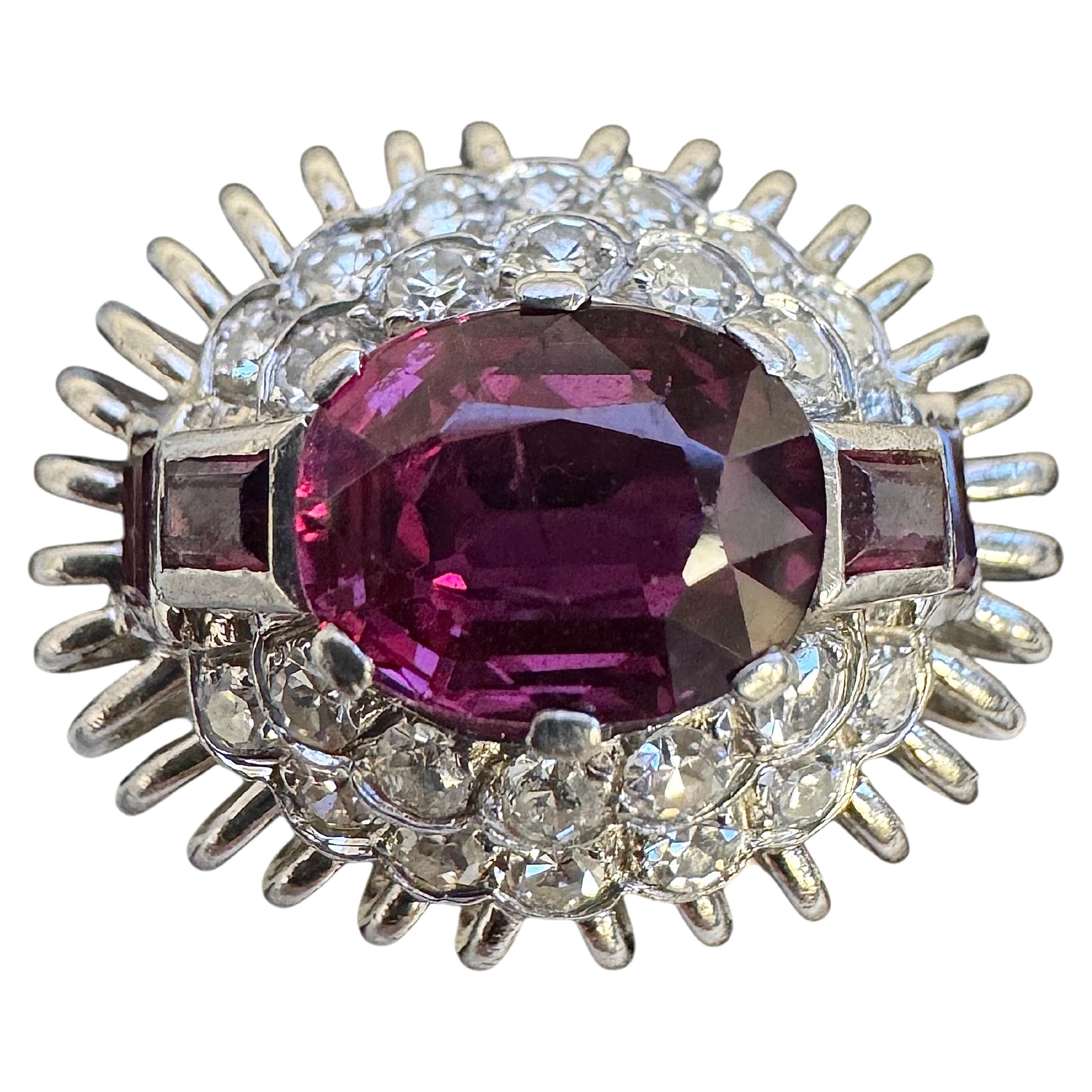 Mid-Century Platinum Ruby and Diamond Halo Ring For Sale