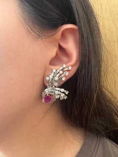 Mid-Century Platinum Ruby and Diamond Spray Earrings, 10.65 Carats Total