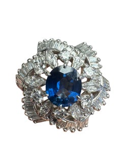 Mid-Century Platinum Sapphire & Diamond Cluster Ring