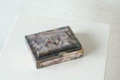 Mid Century Playing Cards Box in Patinated Silver Plated Brass and Velvet 1960s