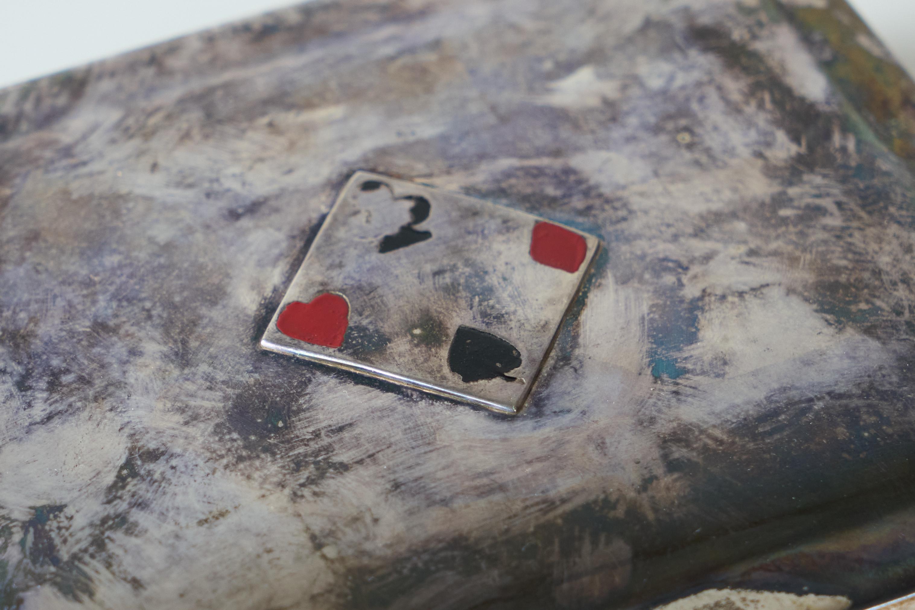 20ième siècle Boîte à cartes à jouer du milieu du siècle en laiton plaqué d'argent patiné et velours années 1960 en vente