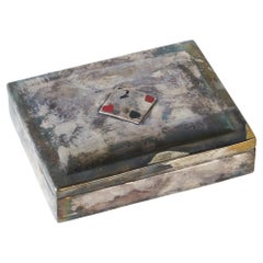 Mid Century Playing Cards Box in Patinated Silver Plated Brass and Velvet 1960s
