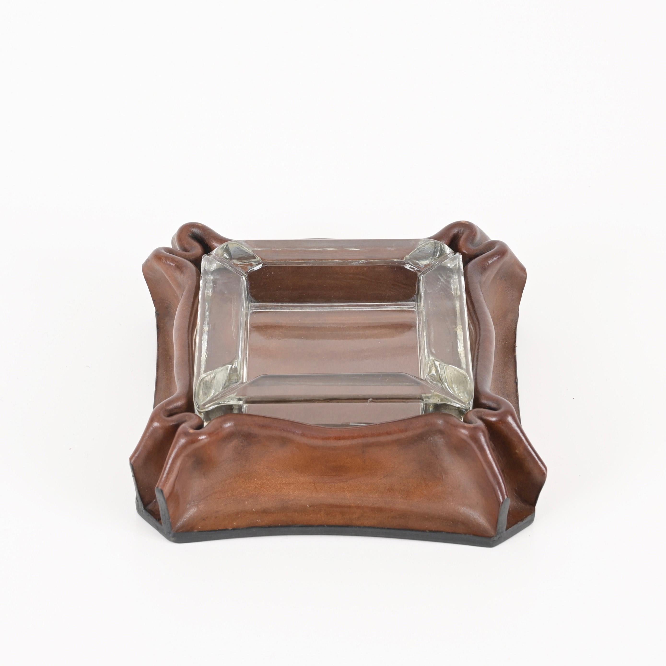 Mid-Century Pleated Leather and Crystal Glass Ashtray by Jacques Adnet, 1970s For Sale 7