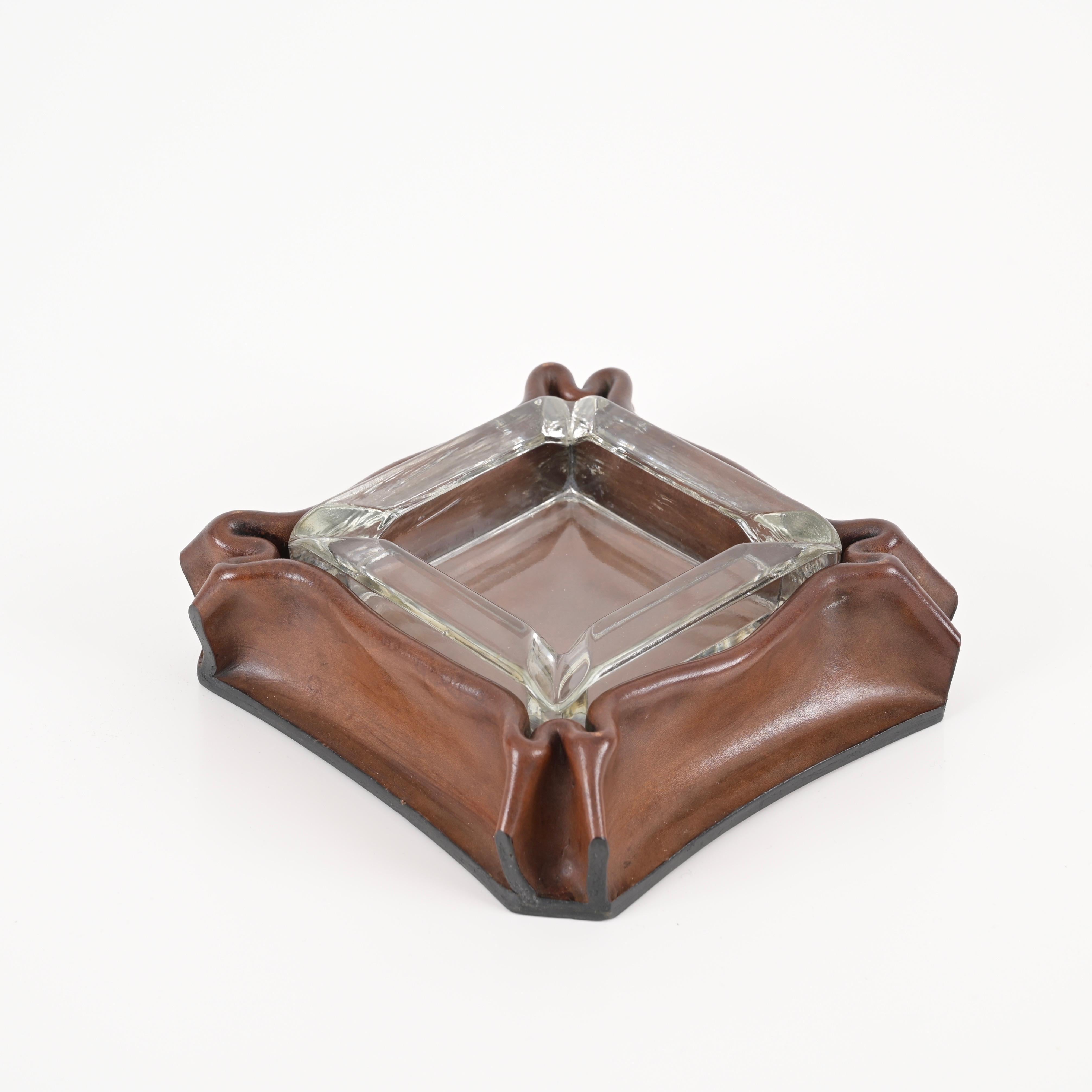 Mid-Century Pleated Leather and Crystal Glass Ashtray by Jacques Adnet, 1970s For Sale 8