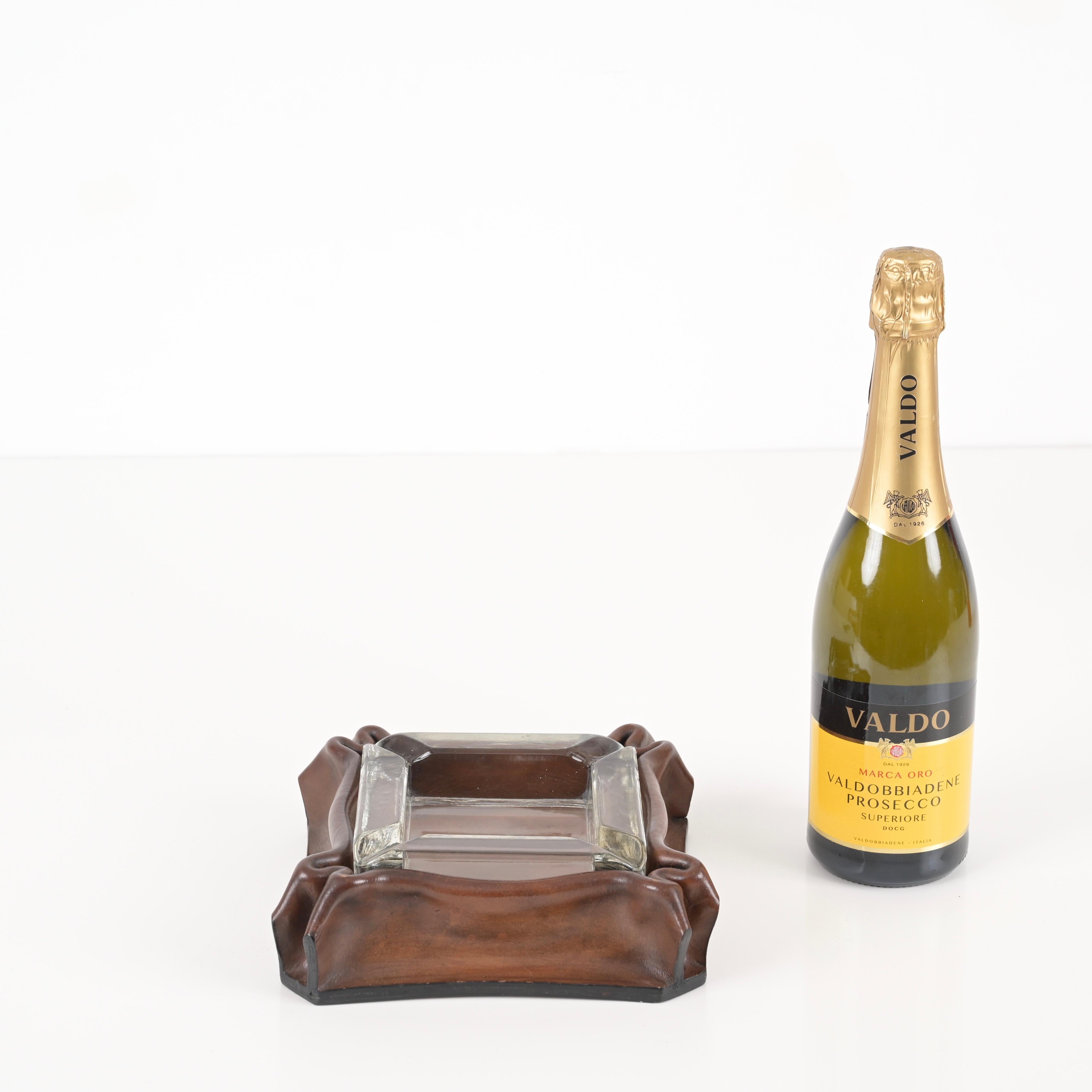 Mid-Century Pleated Leather and Crystal Glass Ashtray by Jacques Adnet, 1970s For Sale 9