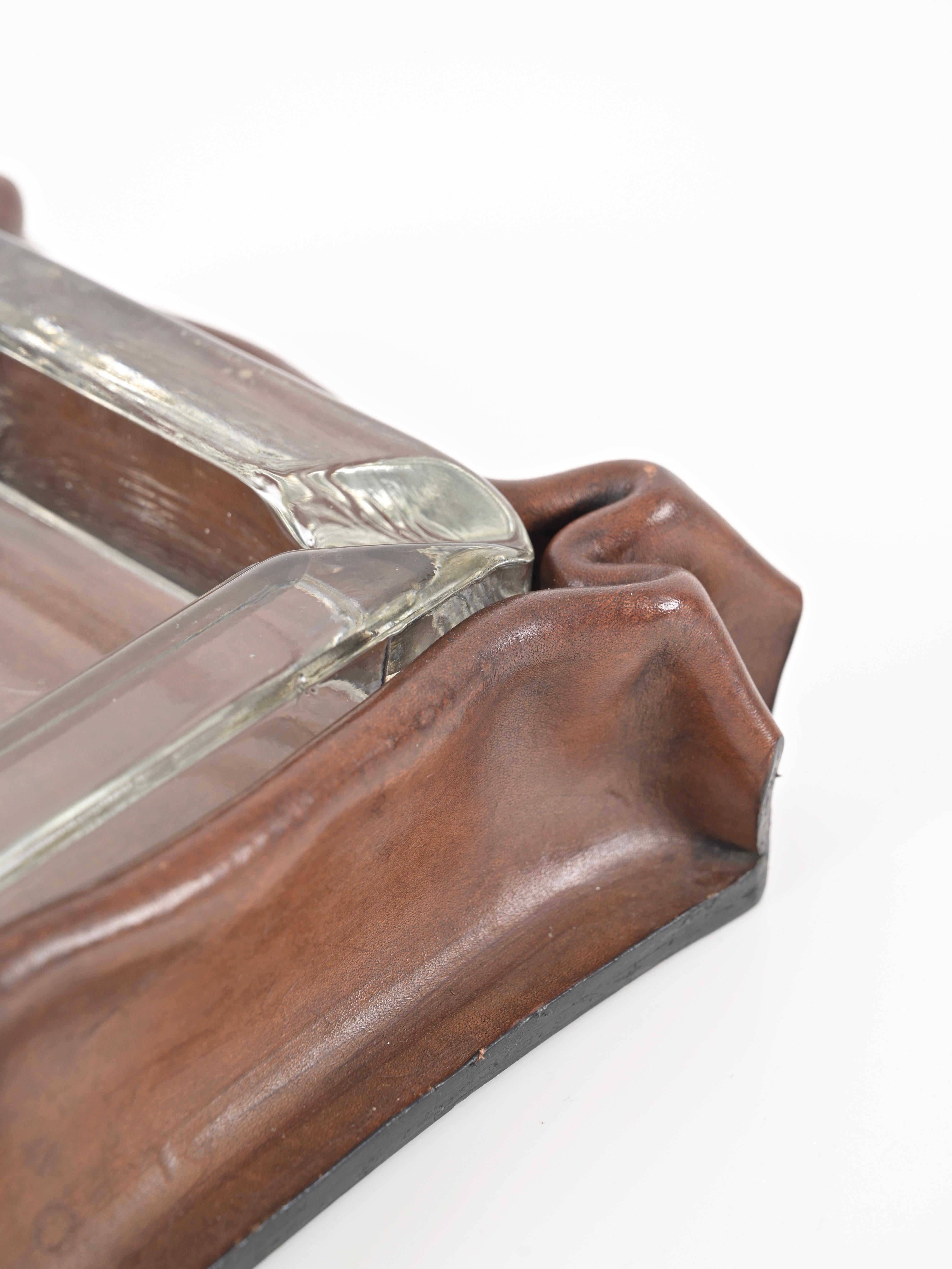 Mid-Century Pleated Leather and Crystal Glass Ashtray by Jacques Adnet, 1970s For Sale 10