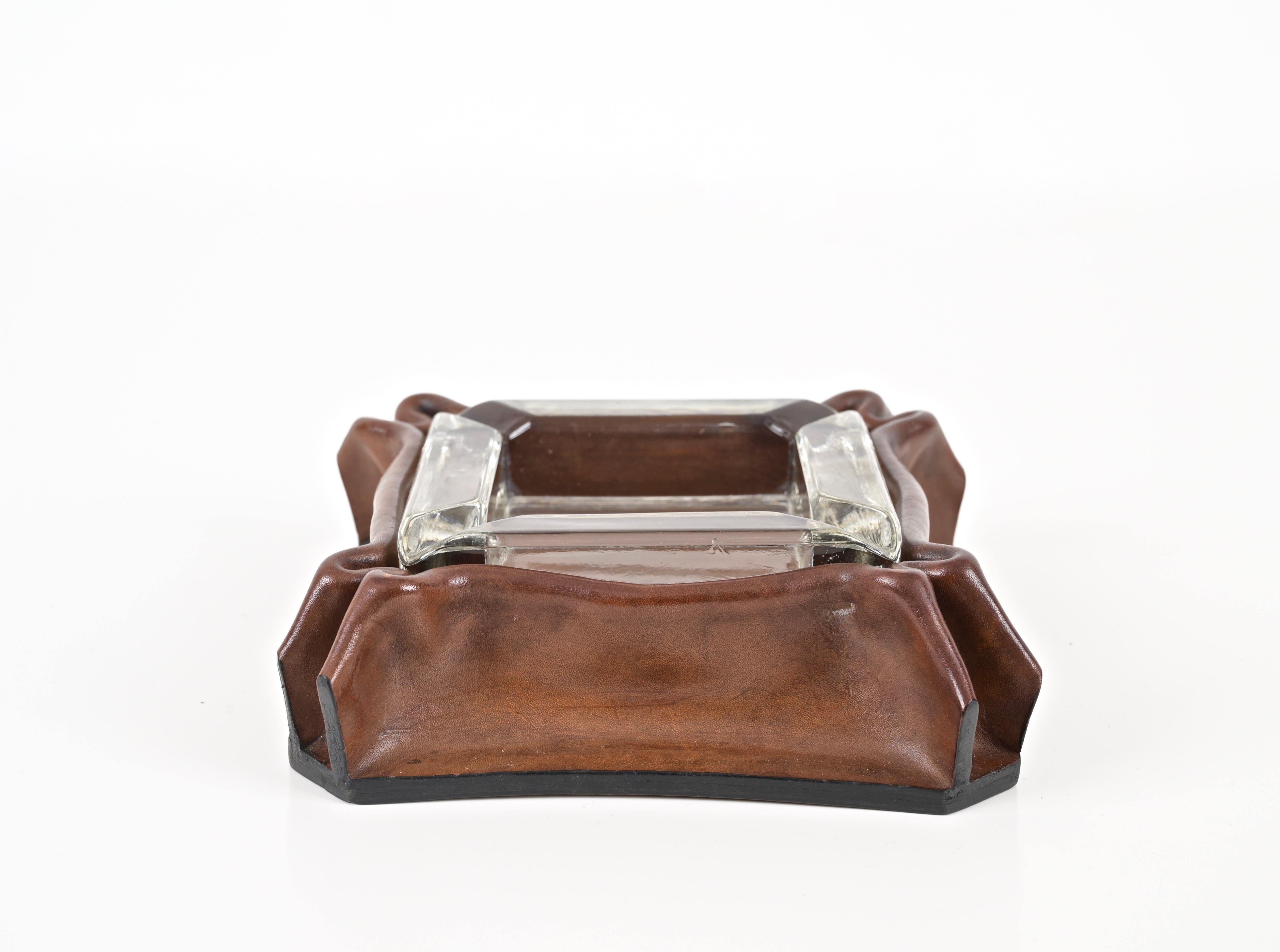 French Mid-Century Pleated Leather and Crystal Glass Ashtray by Jacques Adnet, 1970s For Sale