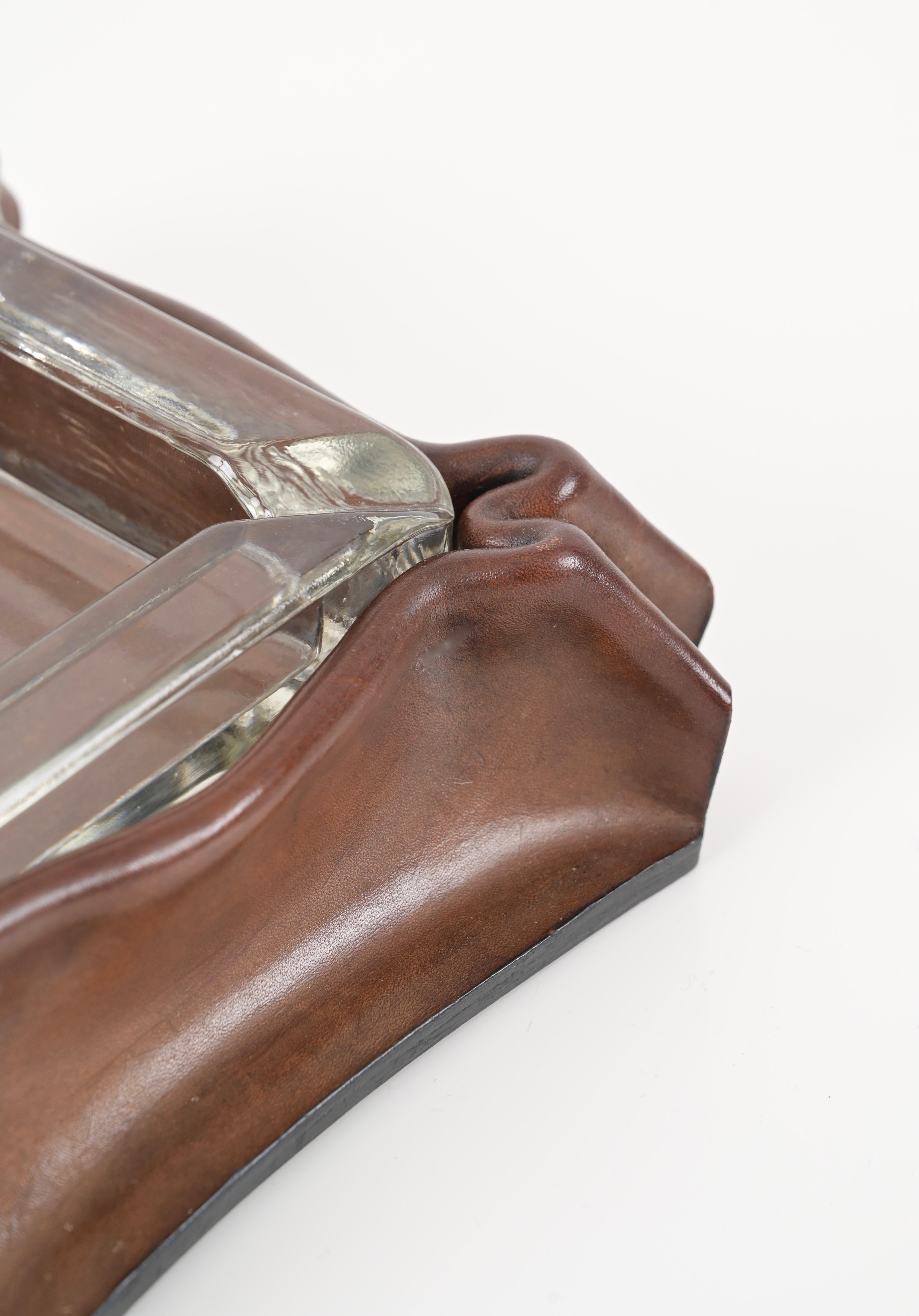 Hand-Crafted Mid-Century Pleated Leather and Crystal Glass Ashtray by Jacques Adnet, 1970s For Sale