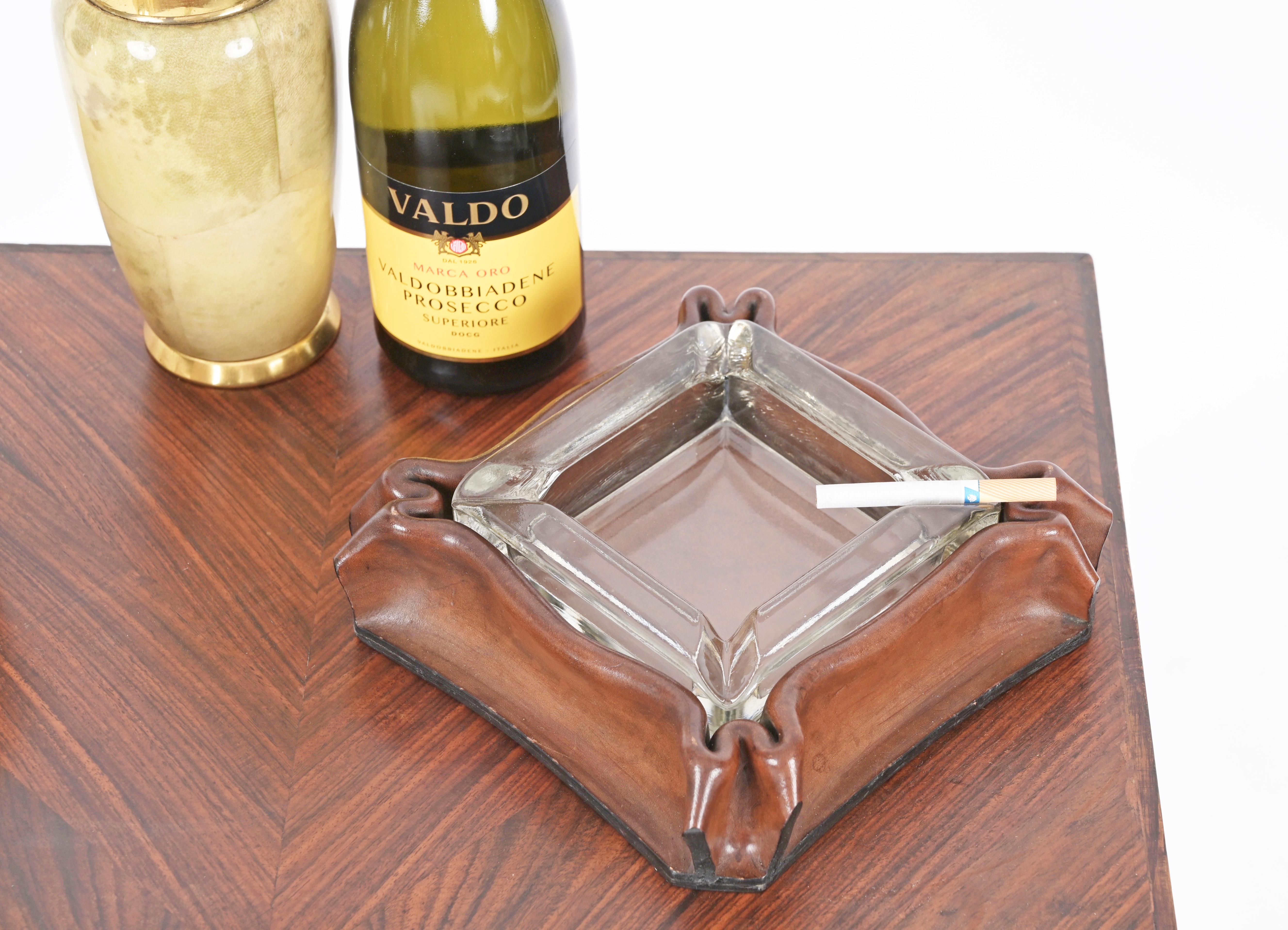Mid-Century Pleated Leather and Crystal Glass Ashtray by Jacques Adnet, 1970s For Sale 2