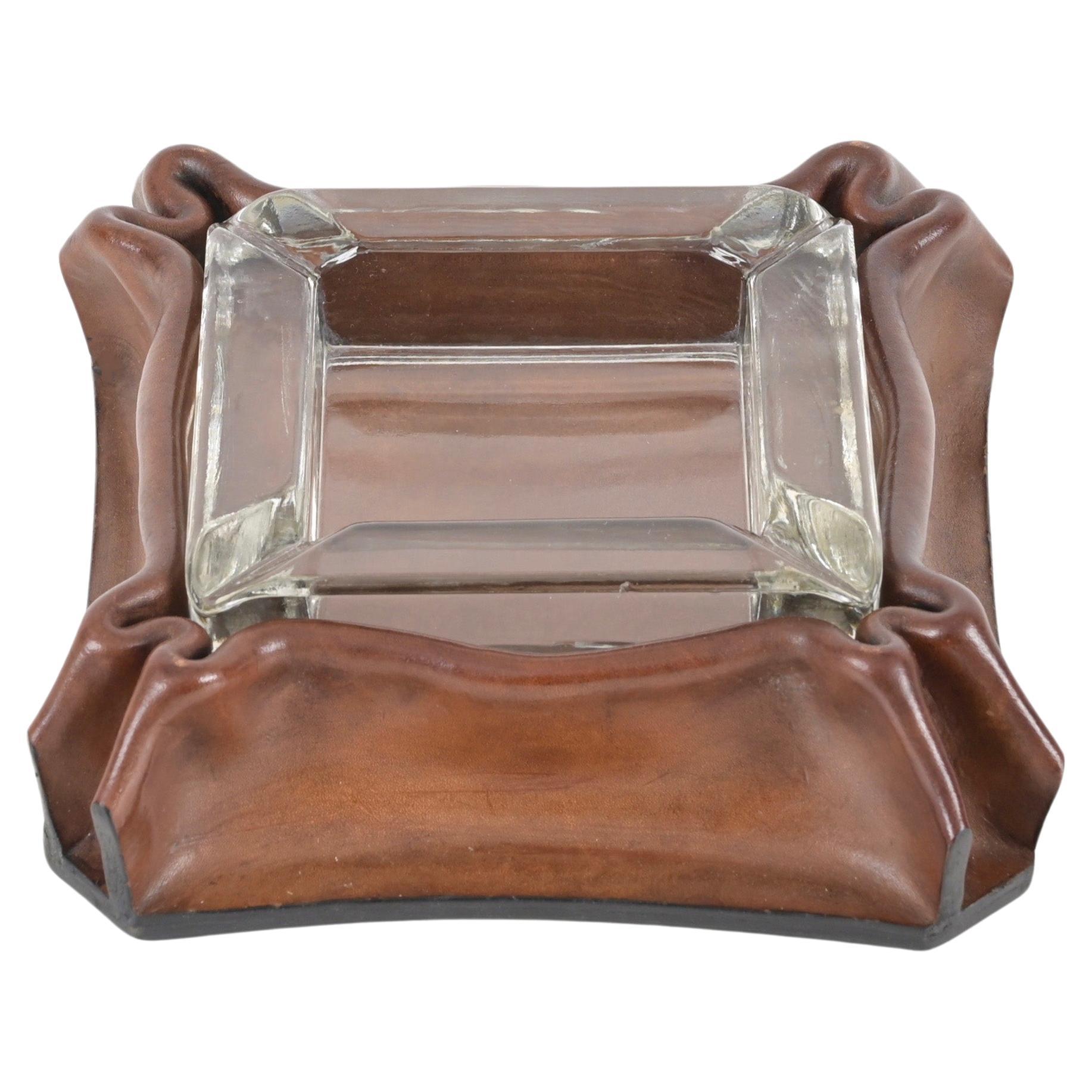 Mid-Century Pleated Leather and Crystal Glass Ashtray by Jacques Adnet, 1970s