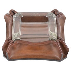Vintage Mid-Century Pleated Leather and Crystal Glass Ashtray by Jacques Adnet, 1970s