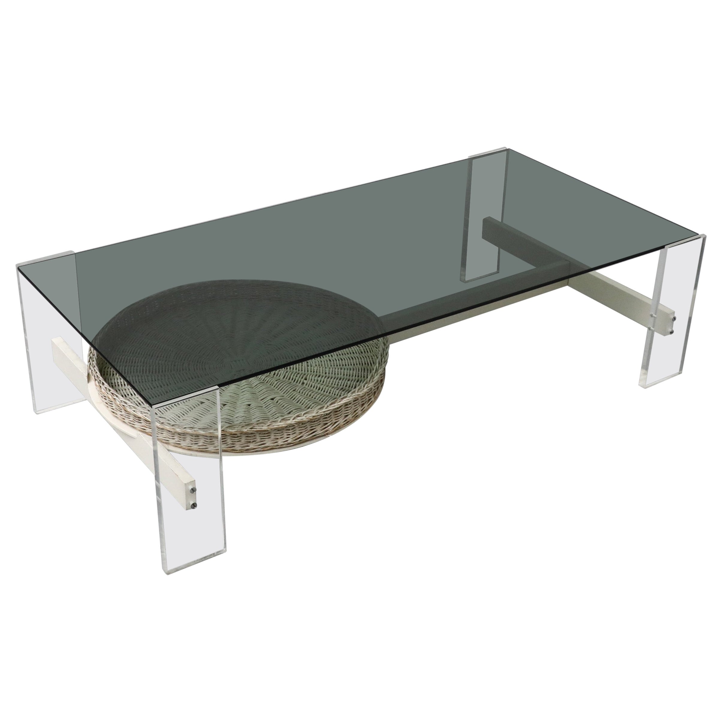 Mid-Century Plexi and Smoked Glass Coffee Table with Woven Wicker Basket