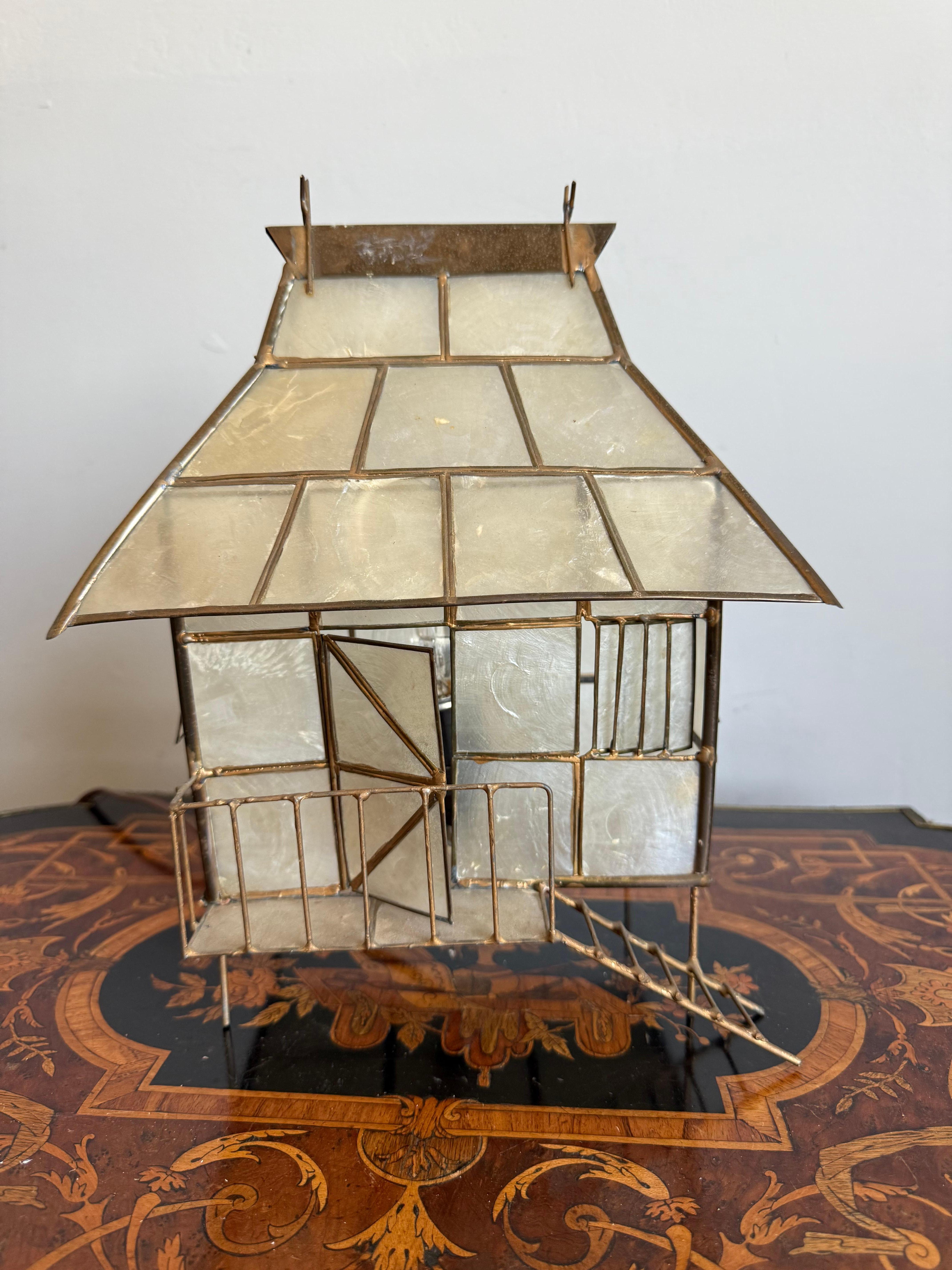 European Mid-Century Plexiglass and Brass Miniature House Table Lamp, Handcrafted, 1950s For Sale