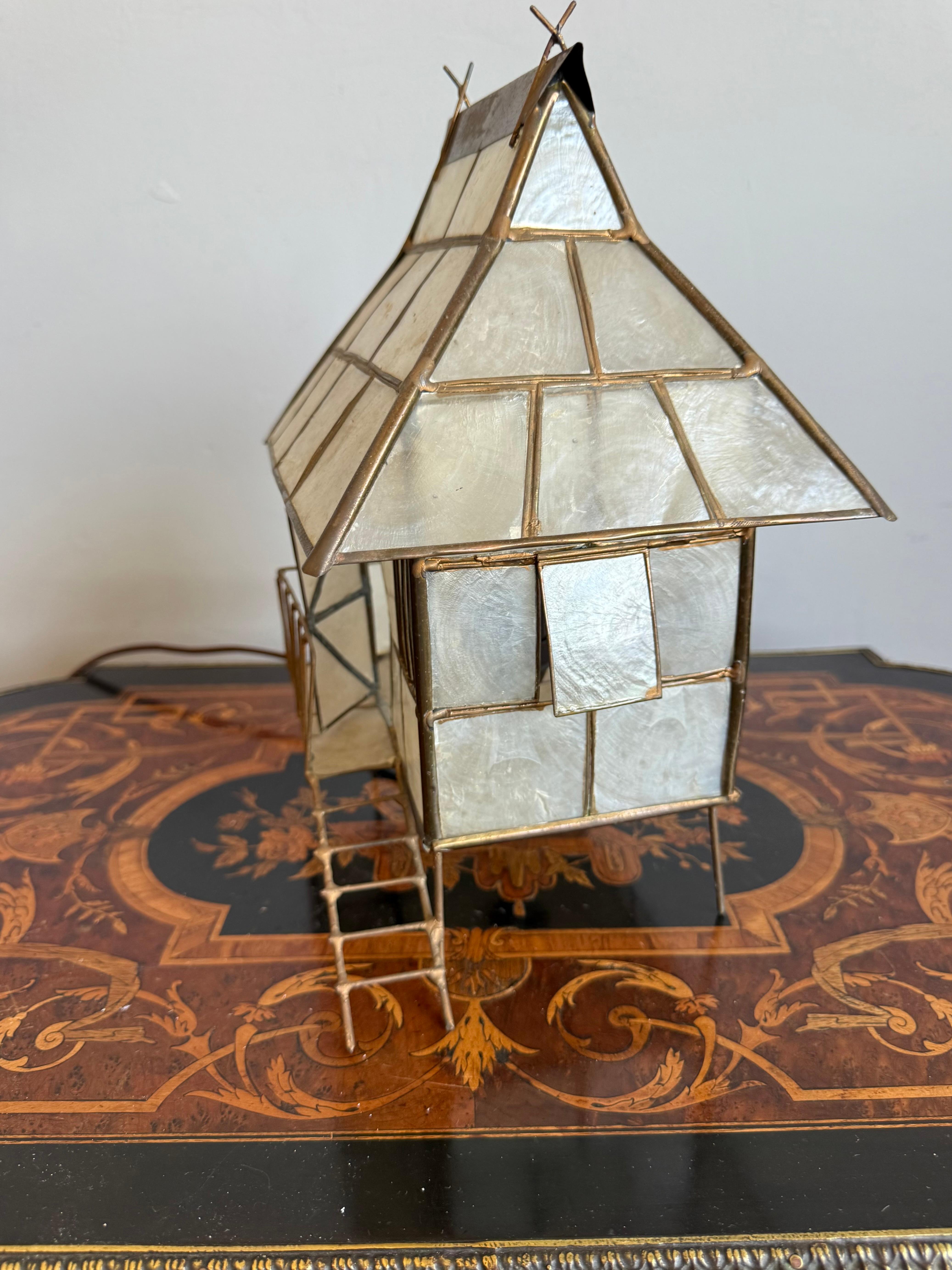 20th Century Mid-Century Plexiglass and Brass Miniature House Table Lamp, Handcrafted, 1950s For Sale