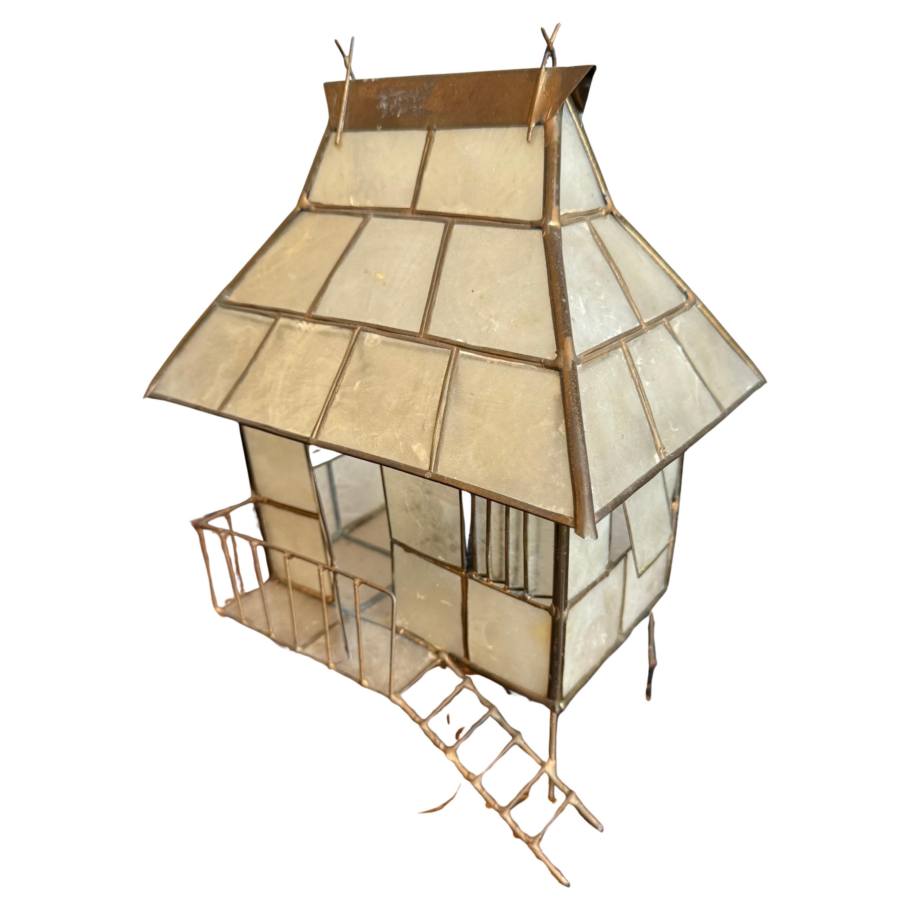 Mid-Century Plexiglass and Brass Miniature House Table Lamp, Handcrafted, 1950s For Sale