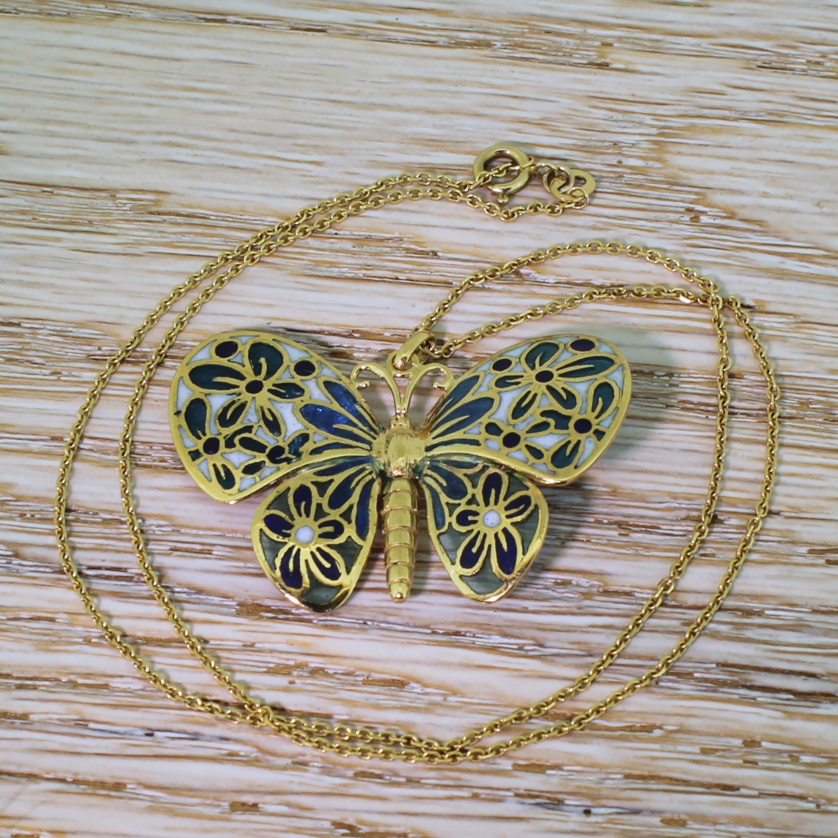 Women's Midcentury Plique-à-Jour Butterfly Pendant, circa 1970