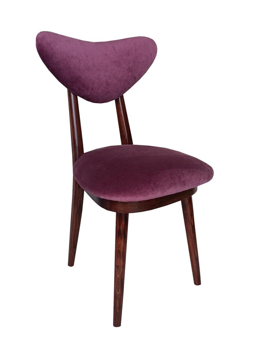 Hand-Crafted Mid Century Plum Purple Velvet, Walnut Wood, Heart Chair, Poland, 1960s For Sale
