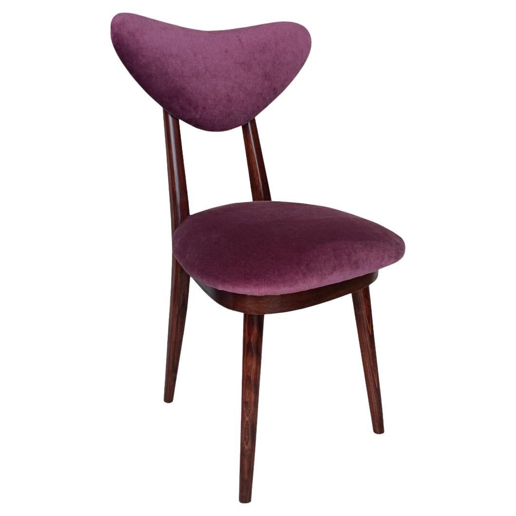 Mid Century Plum Purple Velvet, Walnut Wood, Heart Chair, Poland, 1960s