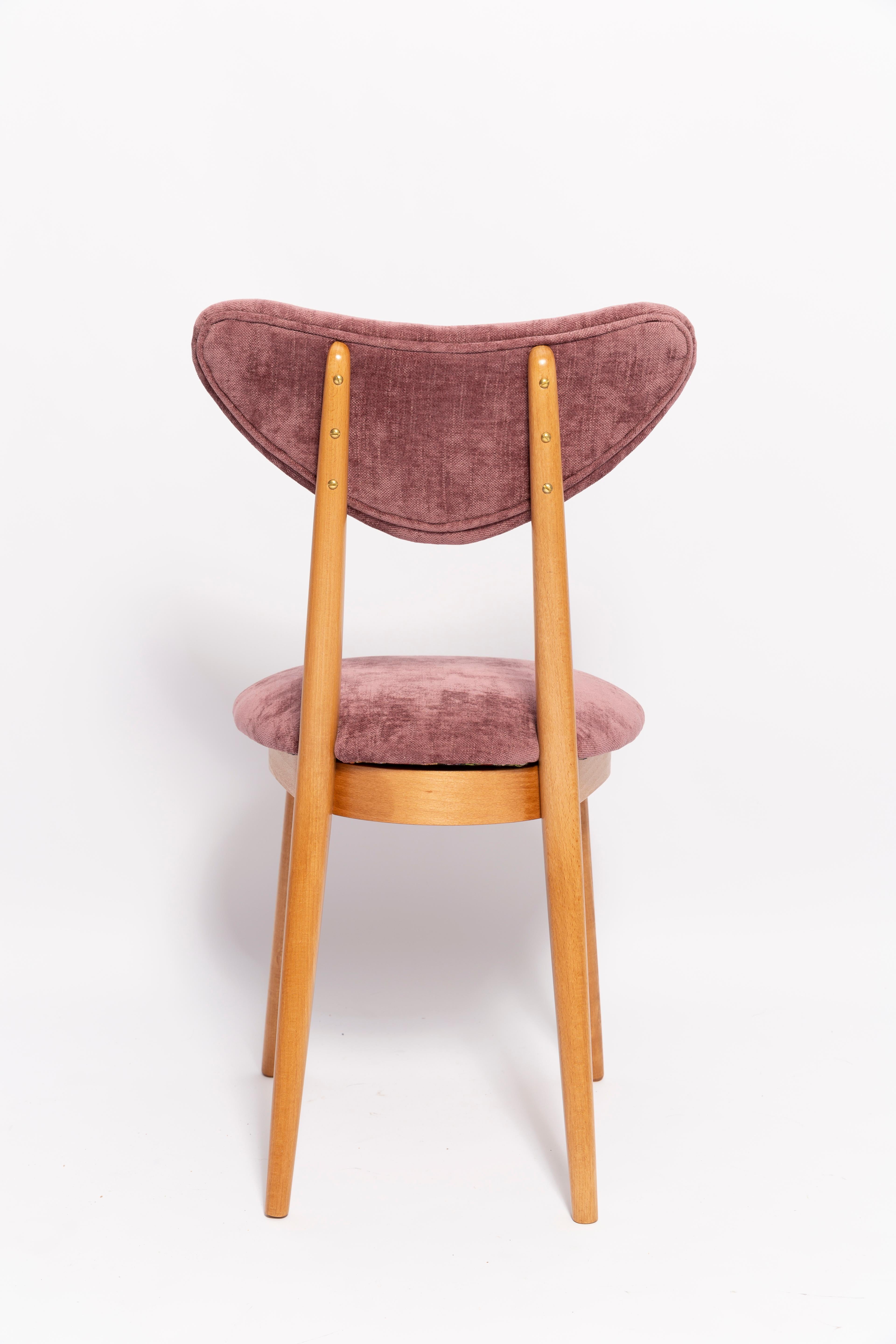 Midcentury Plum Violet Velvet, Light Wood Heart Chair, Europe, 1960s For Sale 4