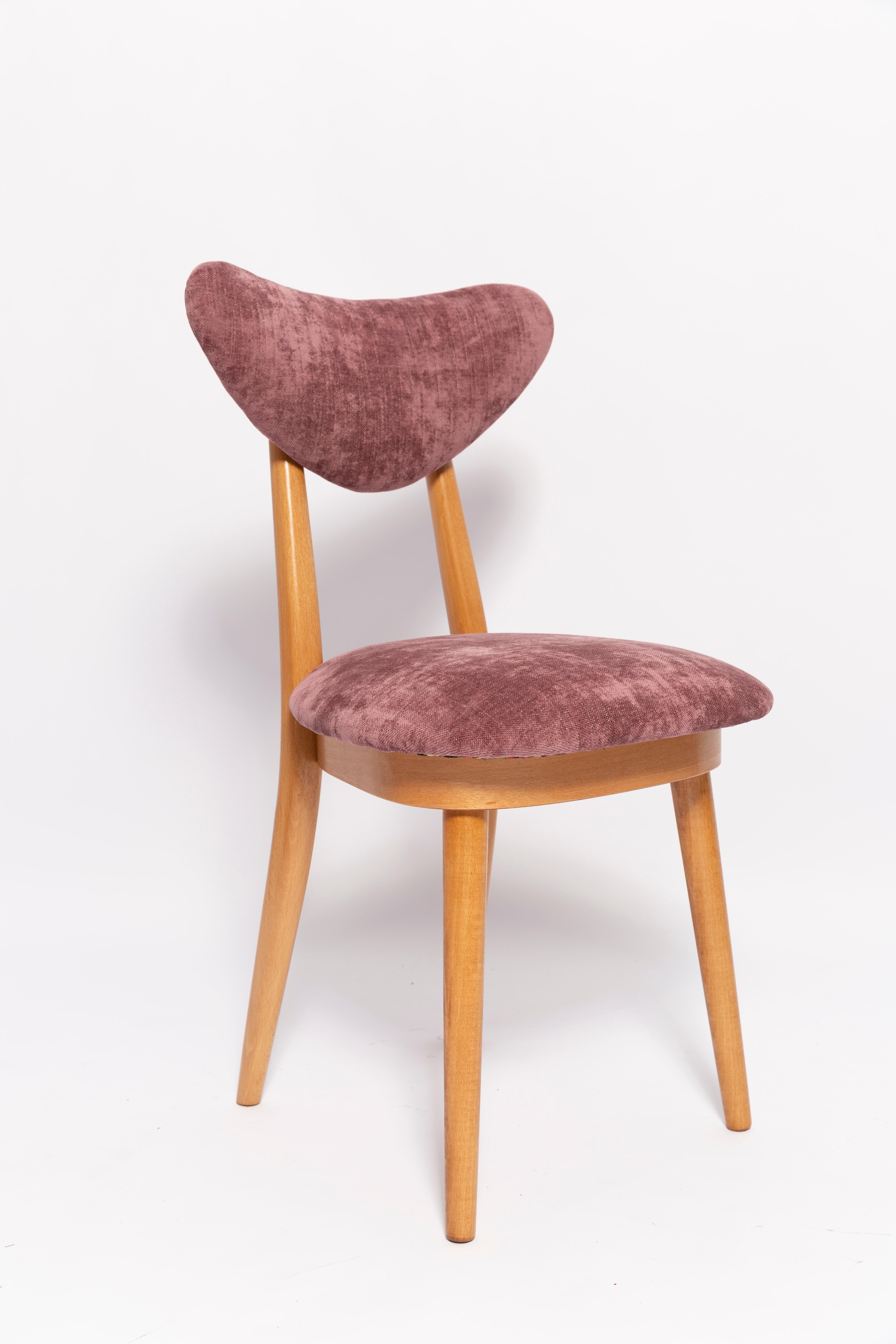 20th Century Midcentury Plum Violet Velvet, Light Wood Heart Chair, Europe, 1960s For Sale