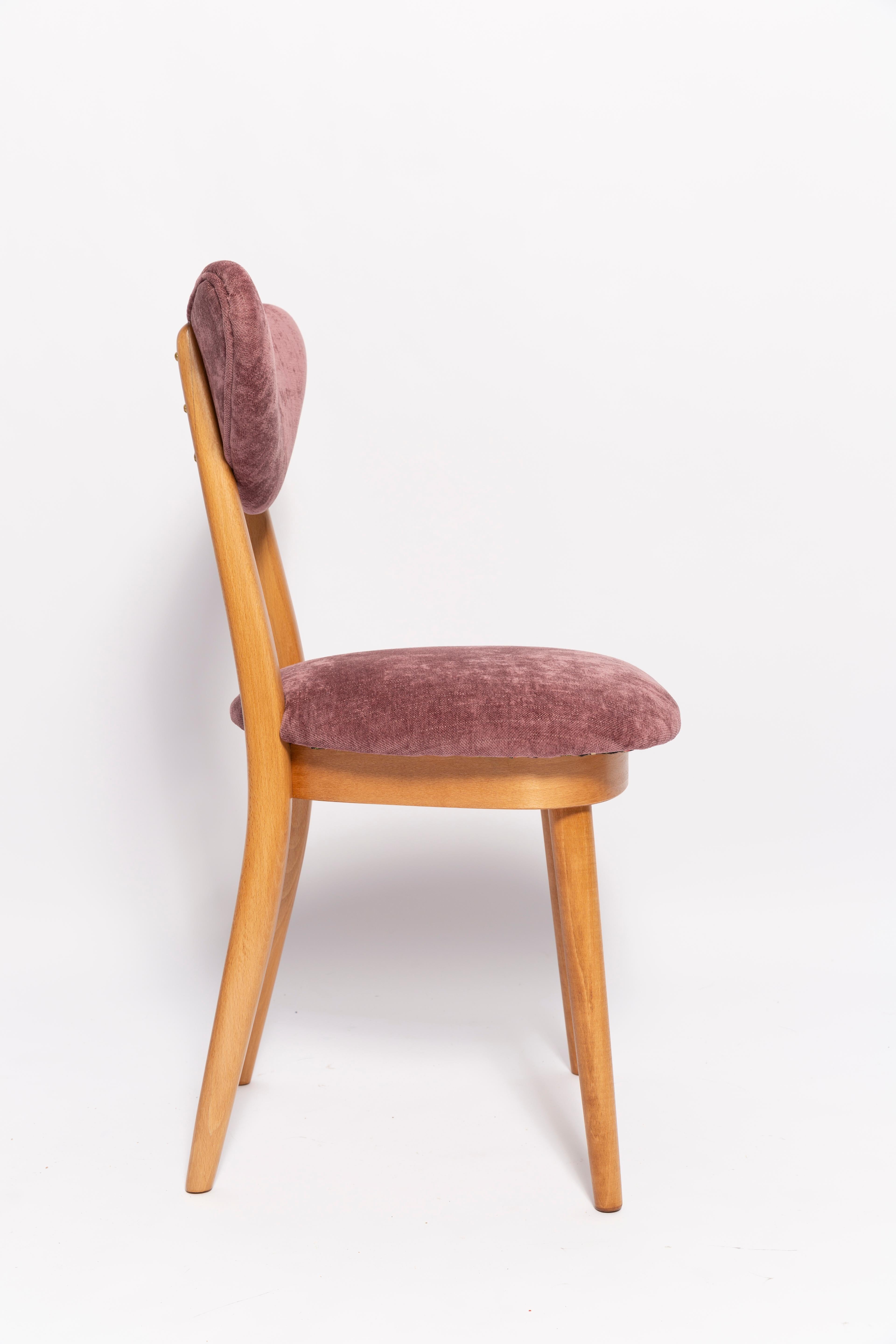 Midcentury Plum Violet Velvet, Light Wood Heart Chair, Europe, 1960s For Sale 1