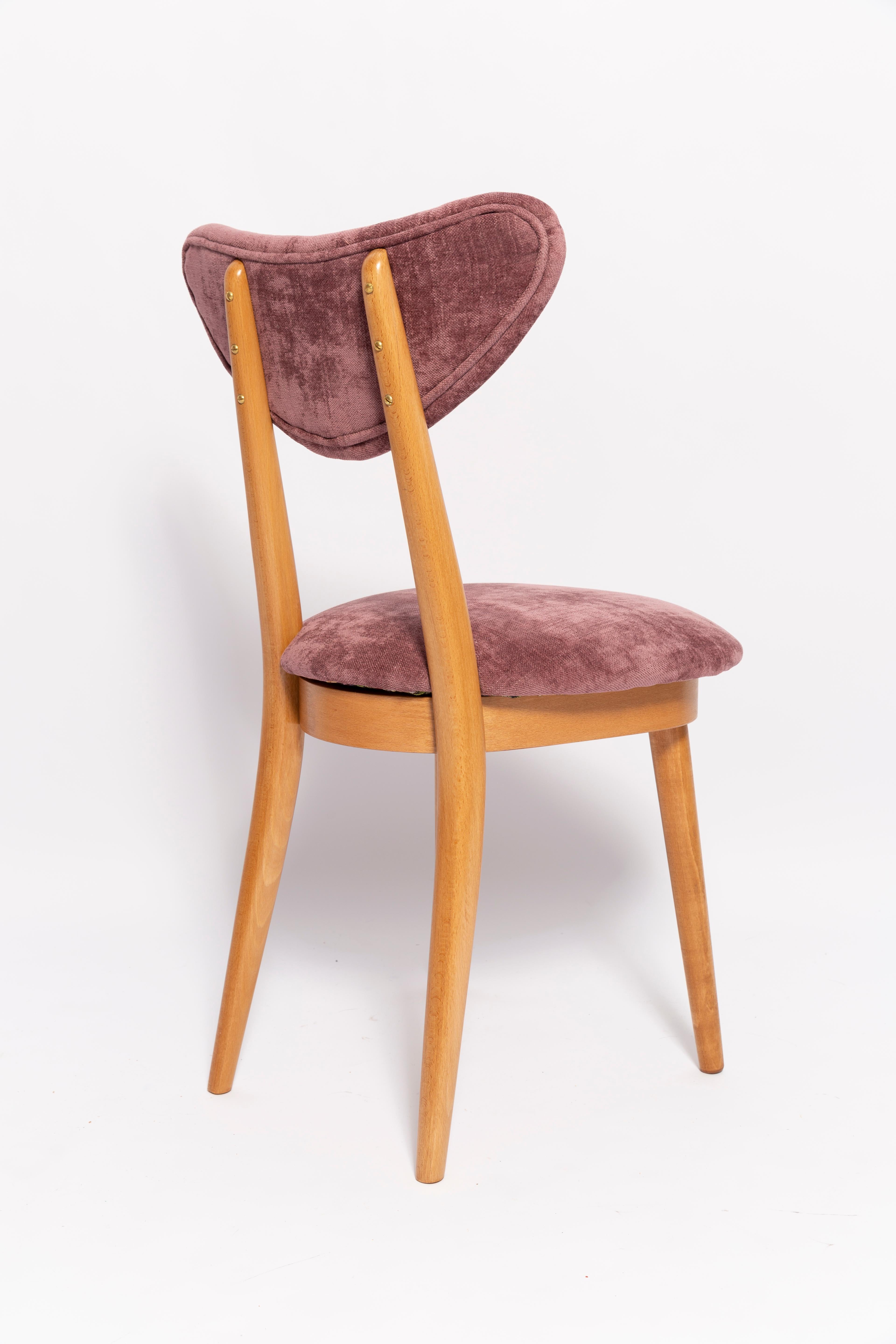 Midcentury Plum Violet Velvet, Light Wood Heart Chair, Europe, 1960s For Sale 2