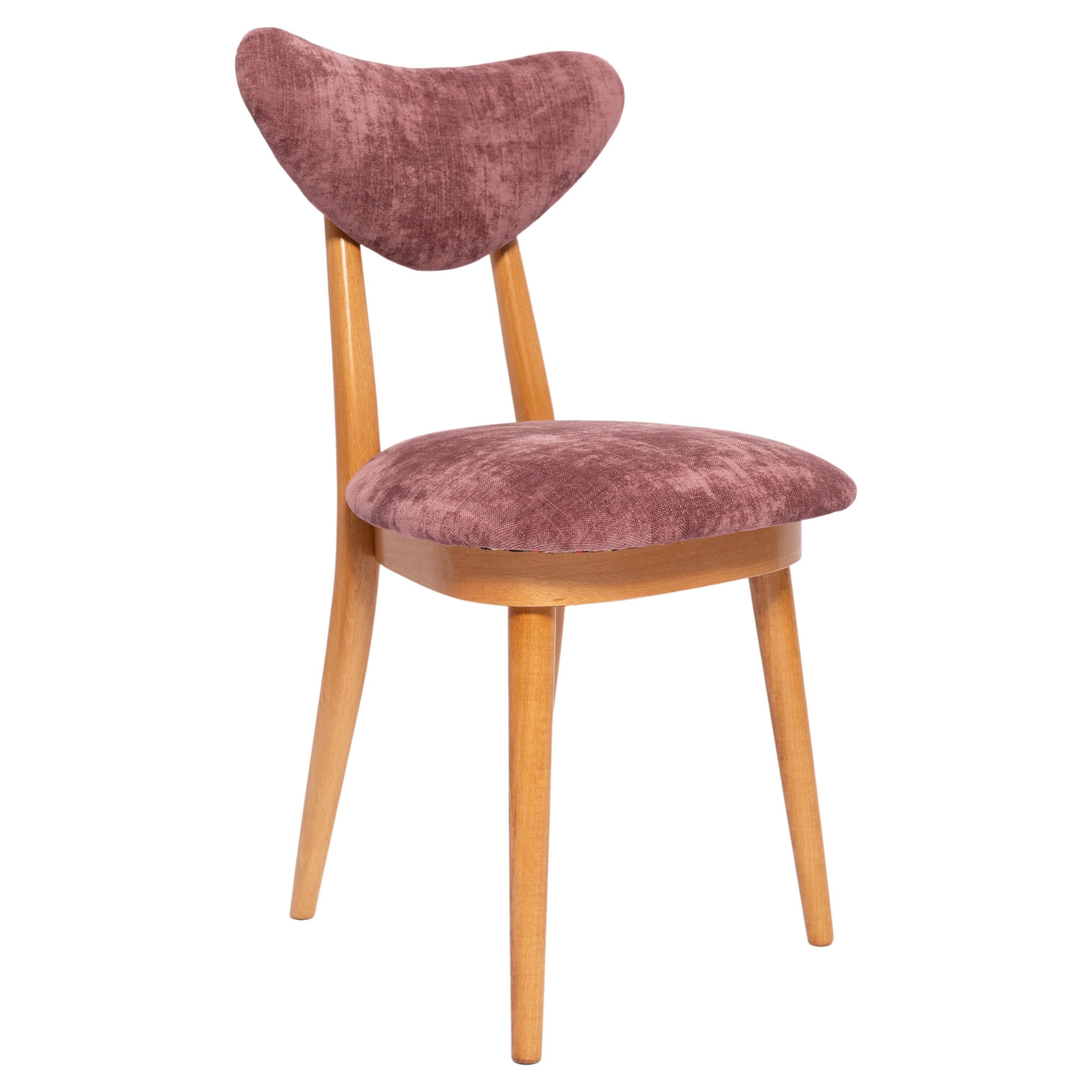 Midcentury Plum Violet Velvet, Light Wood Heart Chair, Europa, 1960er Jahre