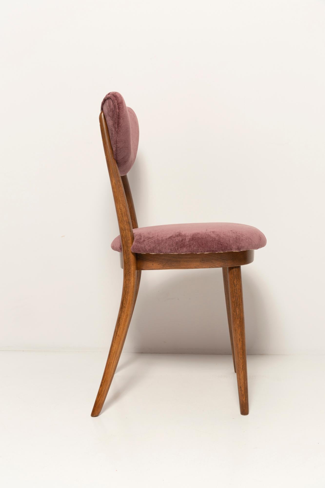 Midcentury Plum Violet Velvet, Walnut Wood Heart Chair, Europe, 1960s For Sale 3