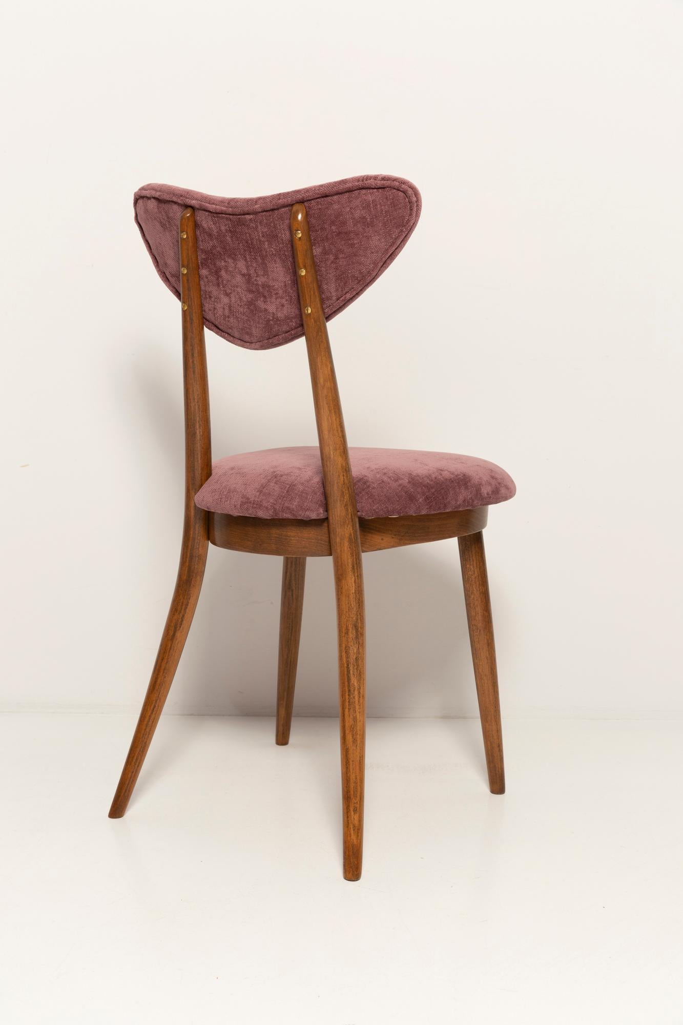 Midcentury Plum Violet Velvet, Walnut Wood Heart Chair, Europe, 1960s For Sale 4