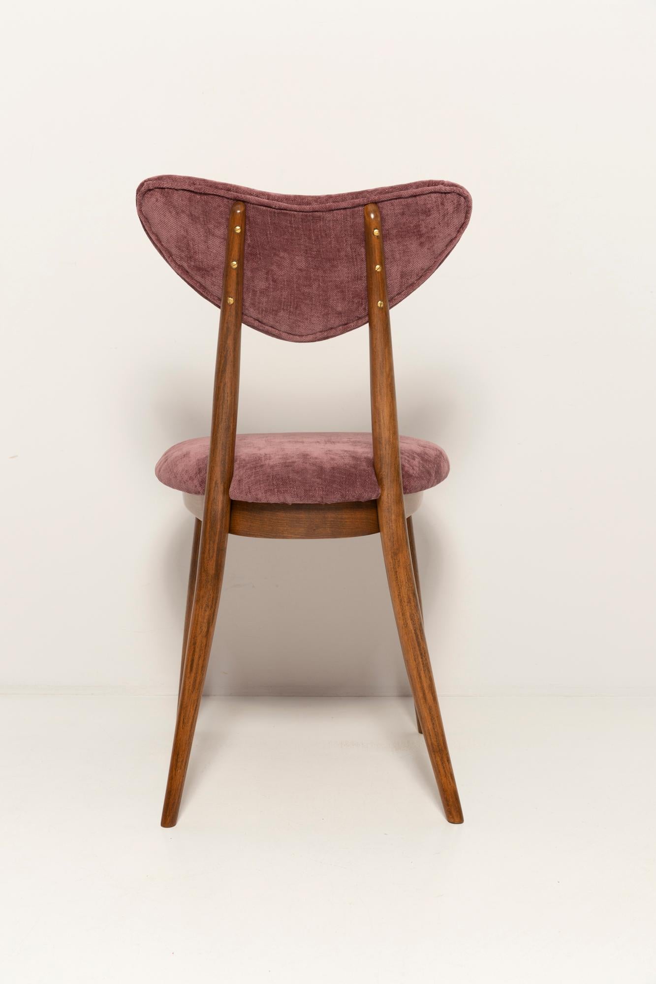 Midcentury Plum Violet Velvet, Walnut Wood Heart Chair, Europe, 1960s For Sale 5