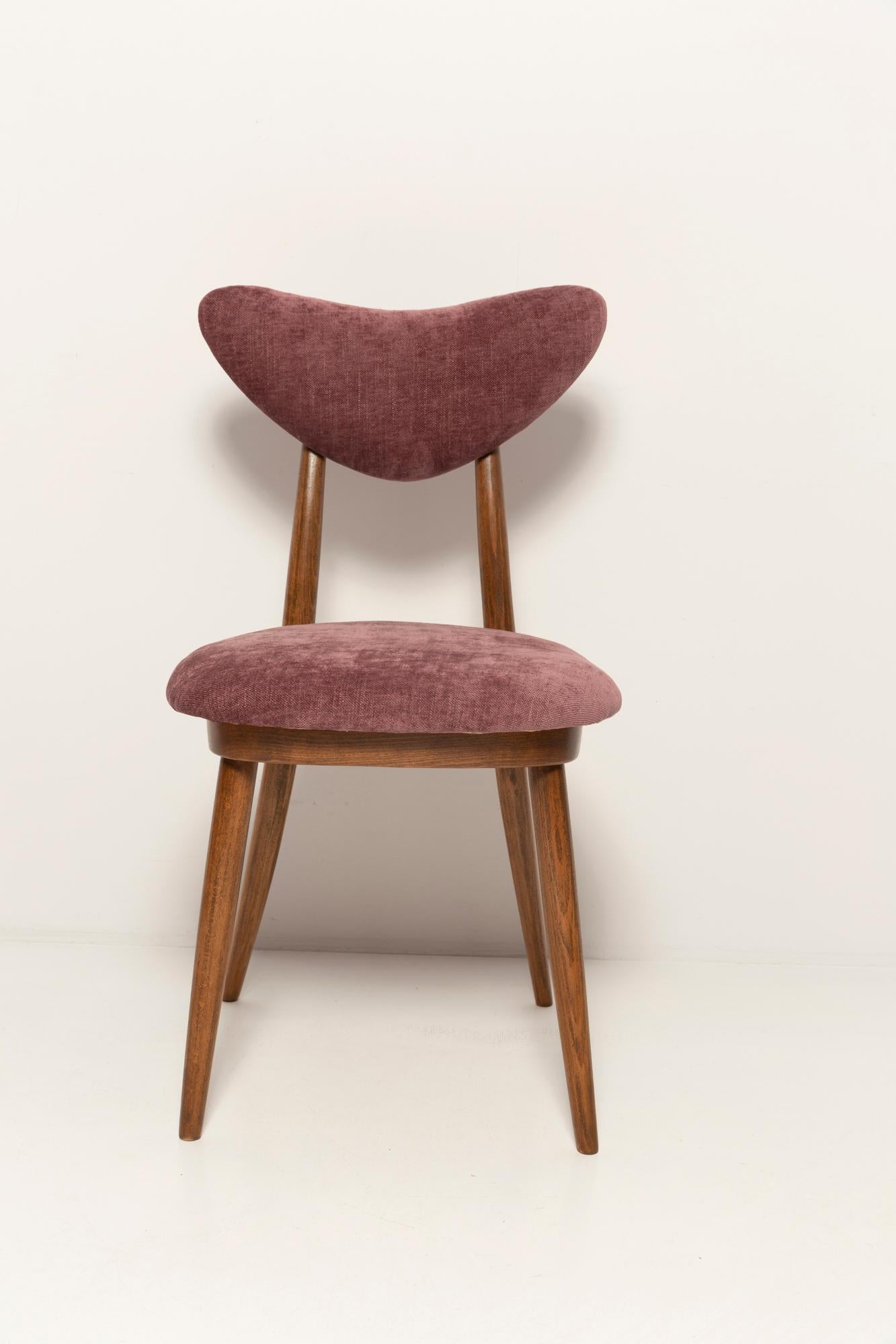 Midcentury Plum Violet Velvet, Walnut Wood Heart Chair, Europe, 1960s For Sale 7