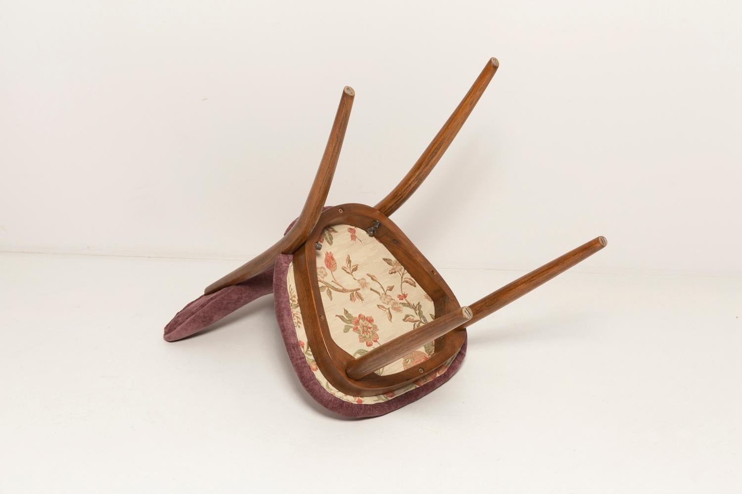 Midcentury Plum Violet Velvet, Walnut Wood Heart Chair, Europe, 1960s For Sale 8