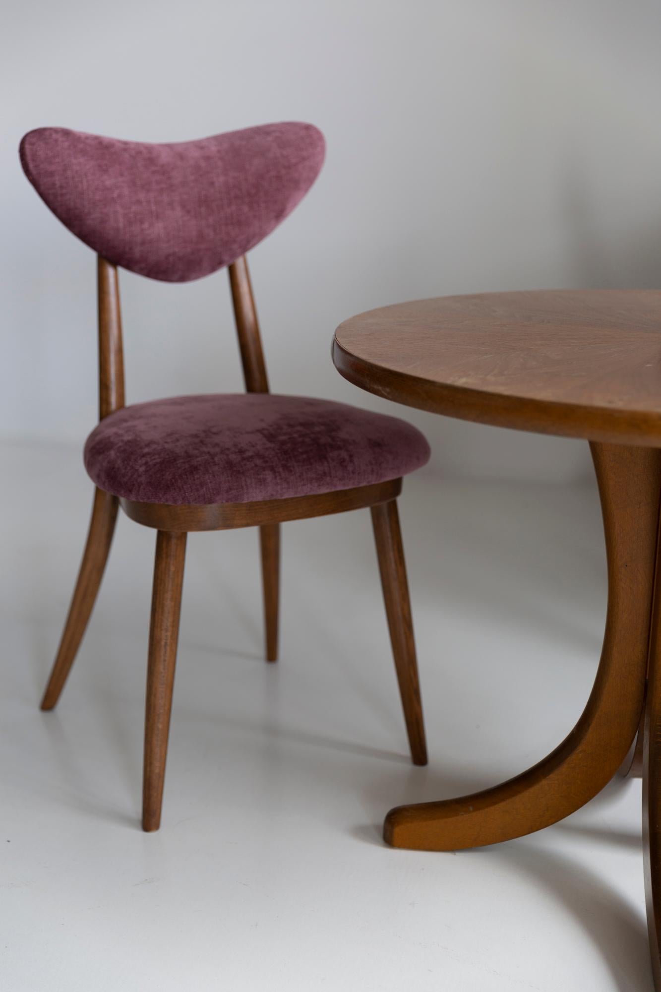 Polish Midcentury Plum Violet Velvet, Walnut Wood Heart Chair, Europe, 1960s For Sale