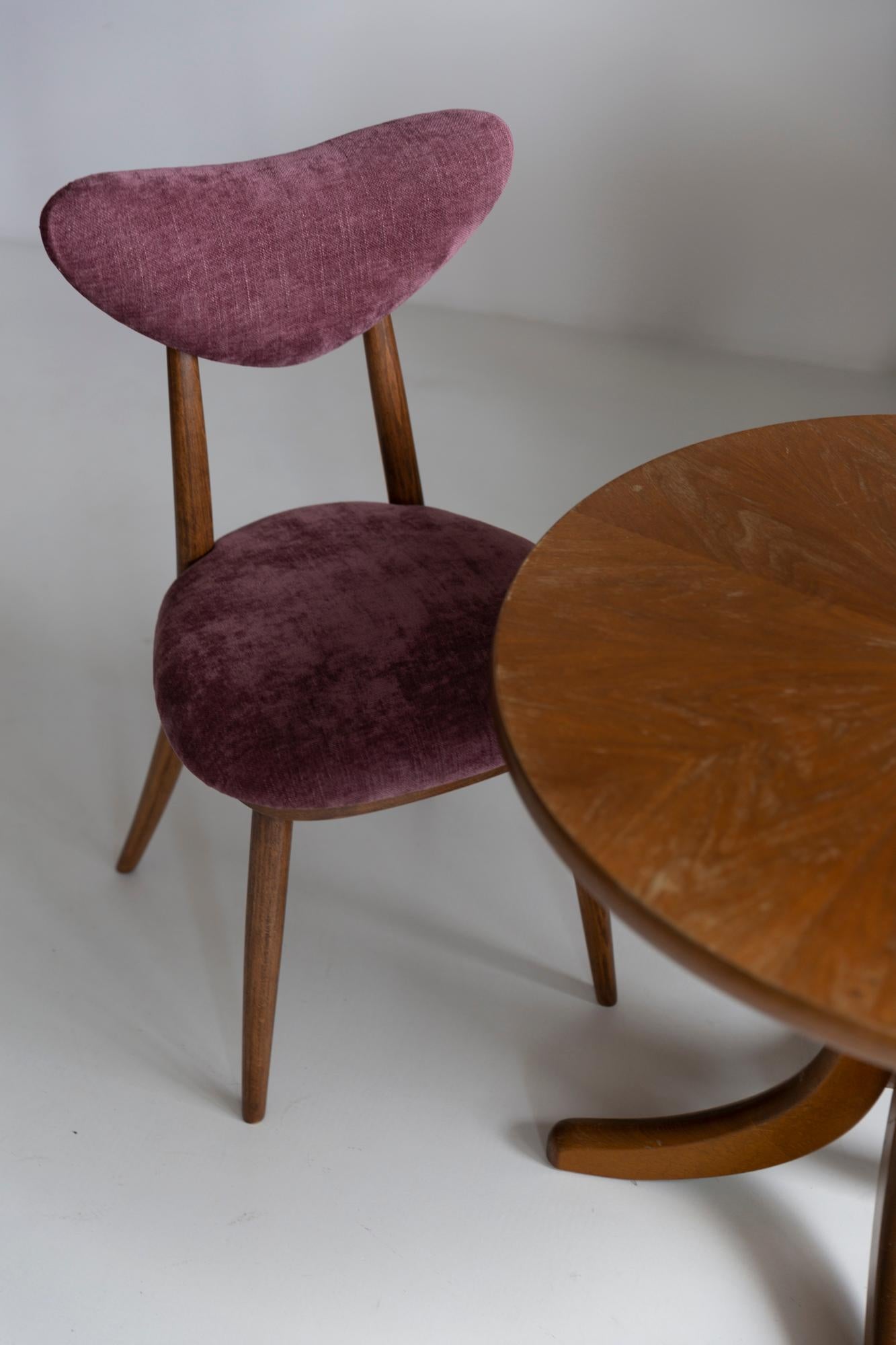Hand-Crafted Midcentury Plum Violet Velvet, Walnut Wood Heart Chair, Europe, 1960s For Sale