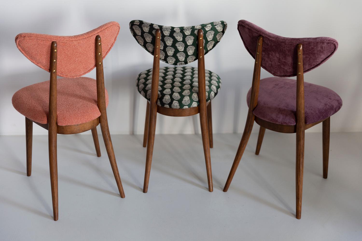 Midcentury Plum Violet Velvet, Walnut Wood Heart Chair, Europe, 1960s For Sale 1