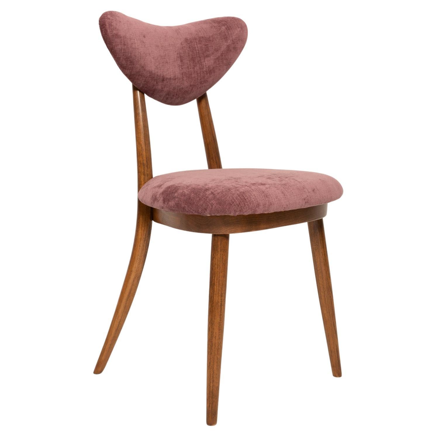 Midcentury Plum Violet Velvet, Walnut Wood Heart Chair, Europe, 1960s For Sale