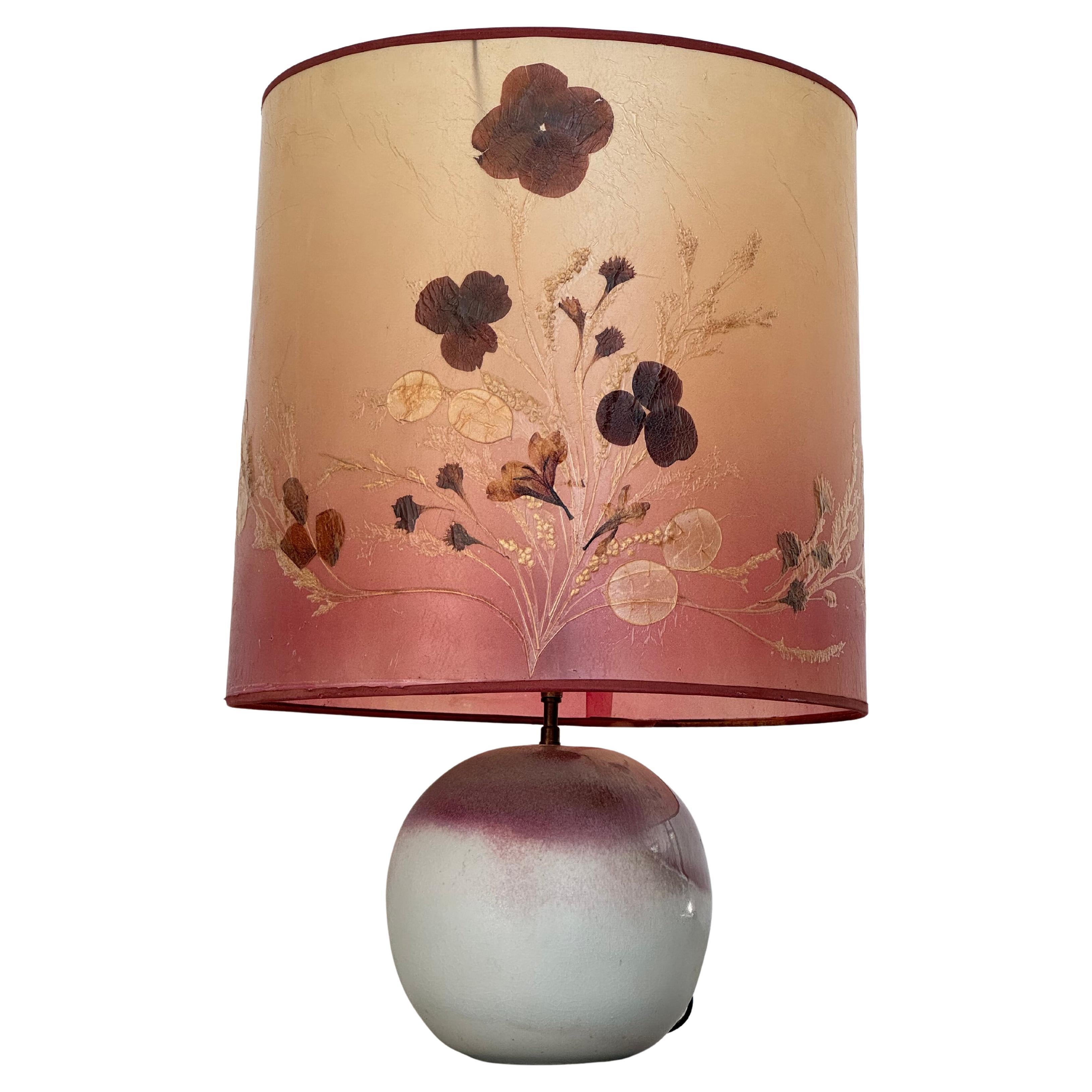 Mid-Century Poetic French Ceramic table Lamp with Original Botanical Shade 1960s