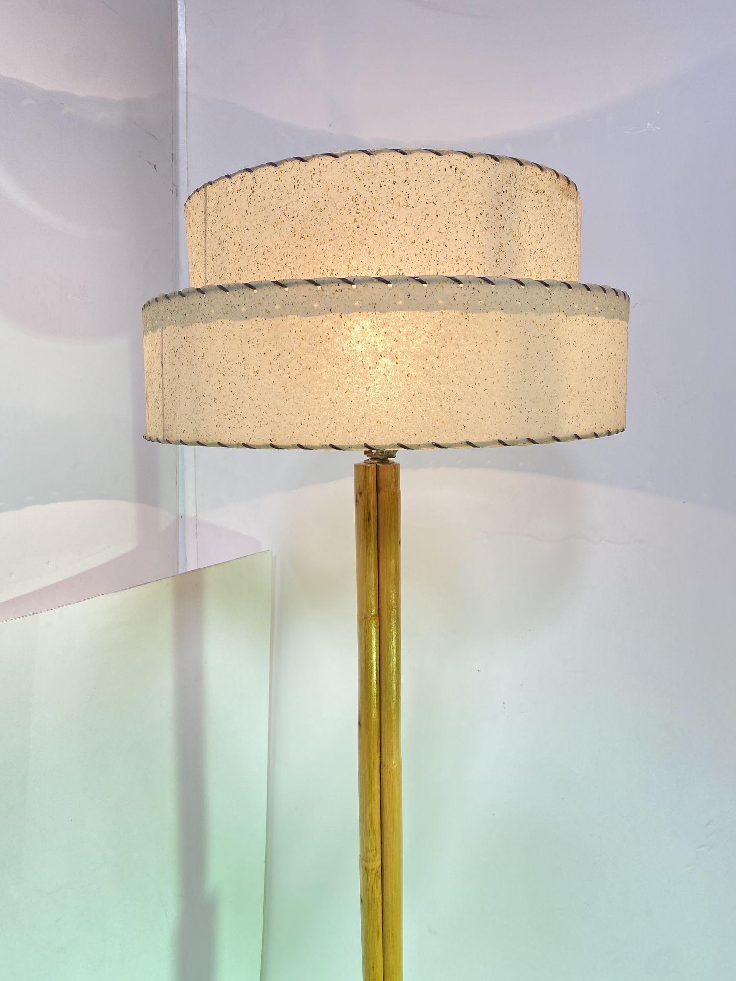 American Restored Mid Century Pole Rattan Floor Lamp w/ Mahogany Base For Sale
