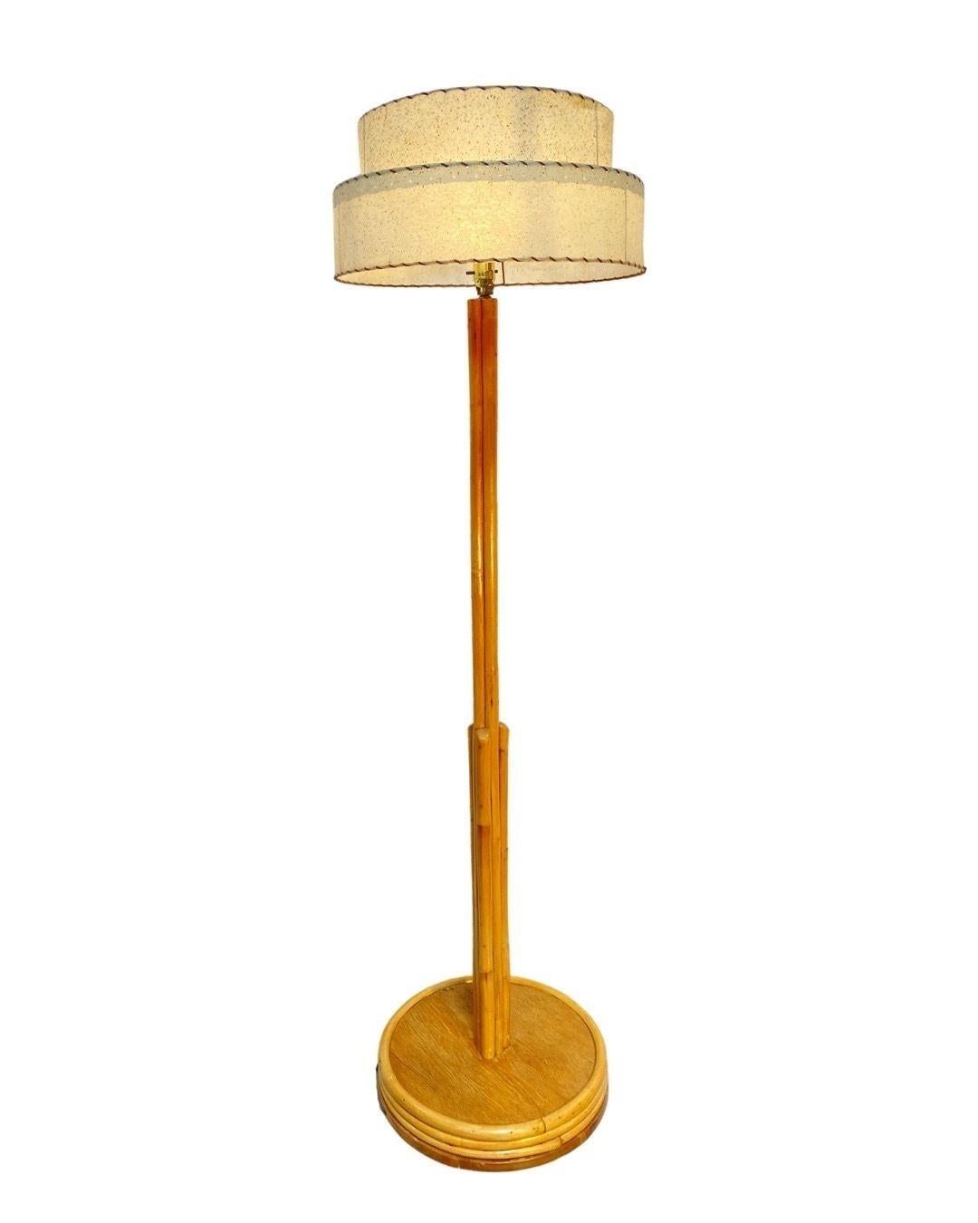 Restored Mid Century Pole Rattan Floor Lamp w/ Mahogany Base In Excellent Condition For Sale In Van Nuys, CA